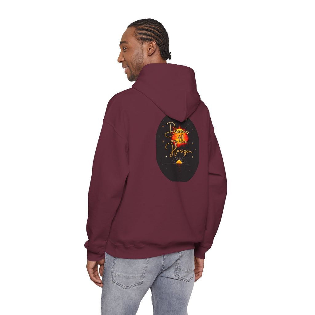 Dreams on the Horizon Sunrise Back Print Hooded Sweatshirt, Inspirational and Motivational Apparel, Gift for Dreamers, Creative Expression Wear