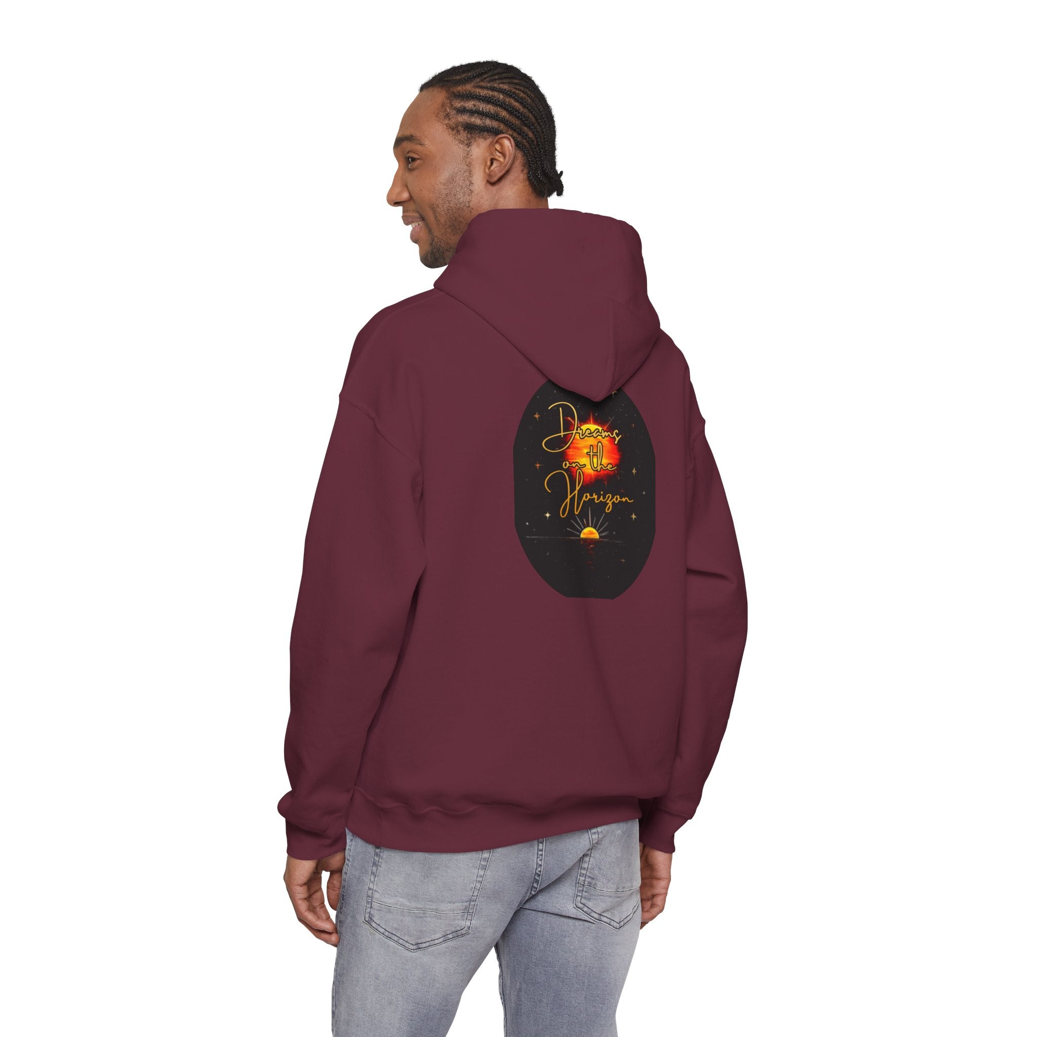 Dreams on the Horizon Sunrise Back Print Hooded Sweatshirt, Inspirational and Motivational Apparel, Gift for Dreamers, Creative Expression Wear