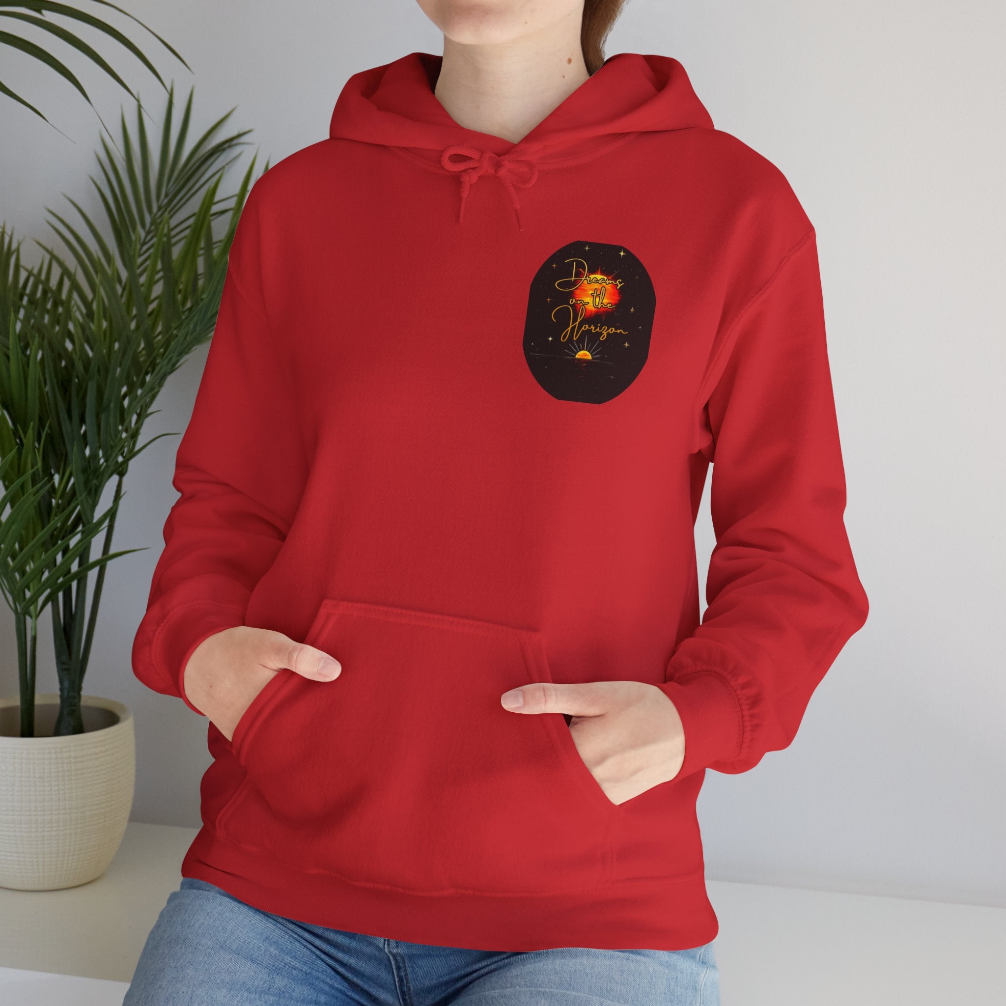 Dreams on the Horizon Sunrise Back Print Hooded Sweatshirt, Inspirational and Motivational Apparel, Gift for Dreamers, Creative Expression Wear