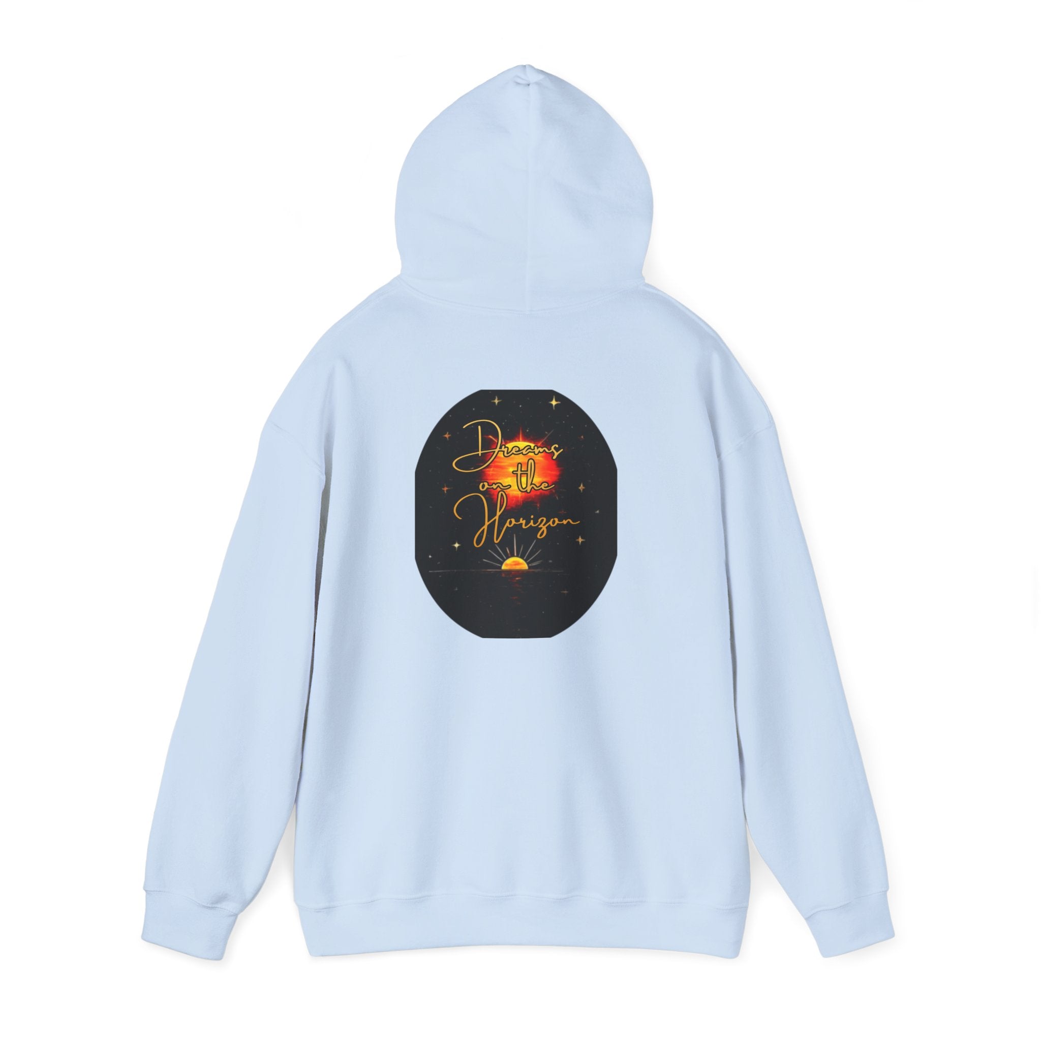 Dreams on the Horizon Sunrise Back Print Hooded Sweatshirt, Inspirational and Motivational Apparel, Gift for Dreamers, Creative Expression Wear