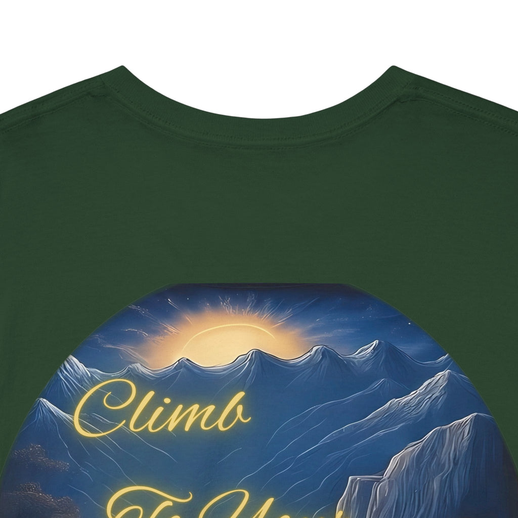Climb To Your Dreams – Rock Climber Back-Print Tee + Front Badge | Gildan 5000, Inspirational and Motivational Apparel, Gift for Dreamers, Creative Expression Wear