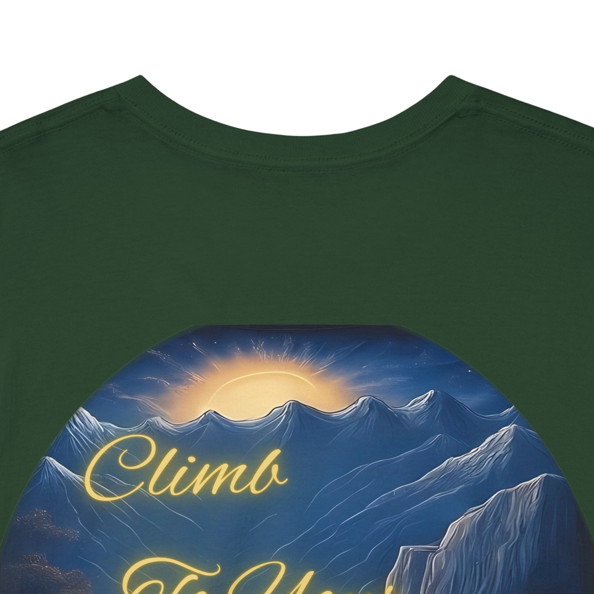 Climb To Your Dreams – Rock Climber Back-Print Tee + Front Badge | Gildan 5000, Inspirational and Motivational Apparel, Gift for Dreamers, Creative Expression Wear