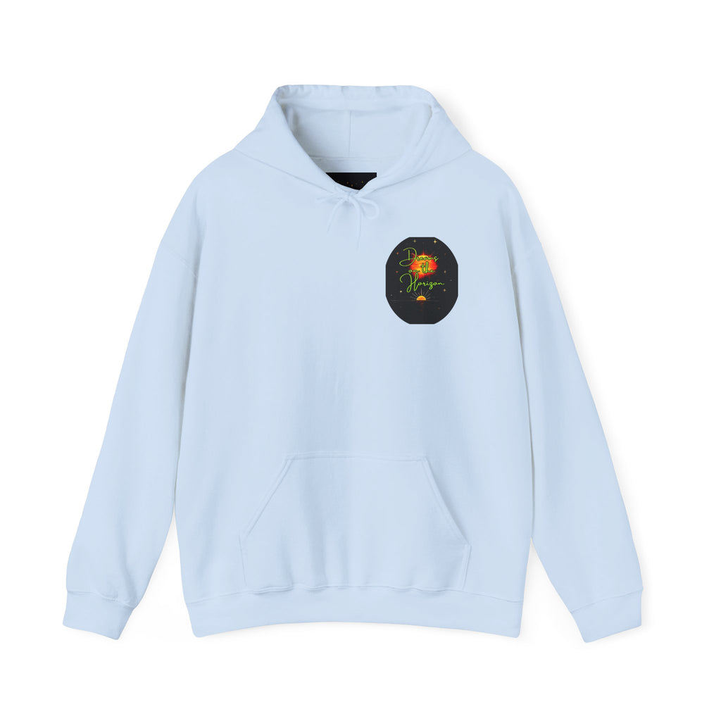 Dreams on the Horizon (Lemongrass) Sunrise Back Print Hooded Sweatshirt, Inspirational and Motivational Apparel, Gift for Dreamers, Creative Expression Wear