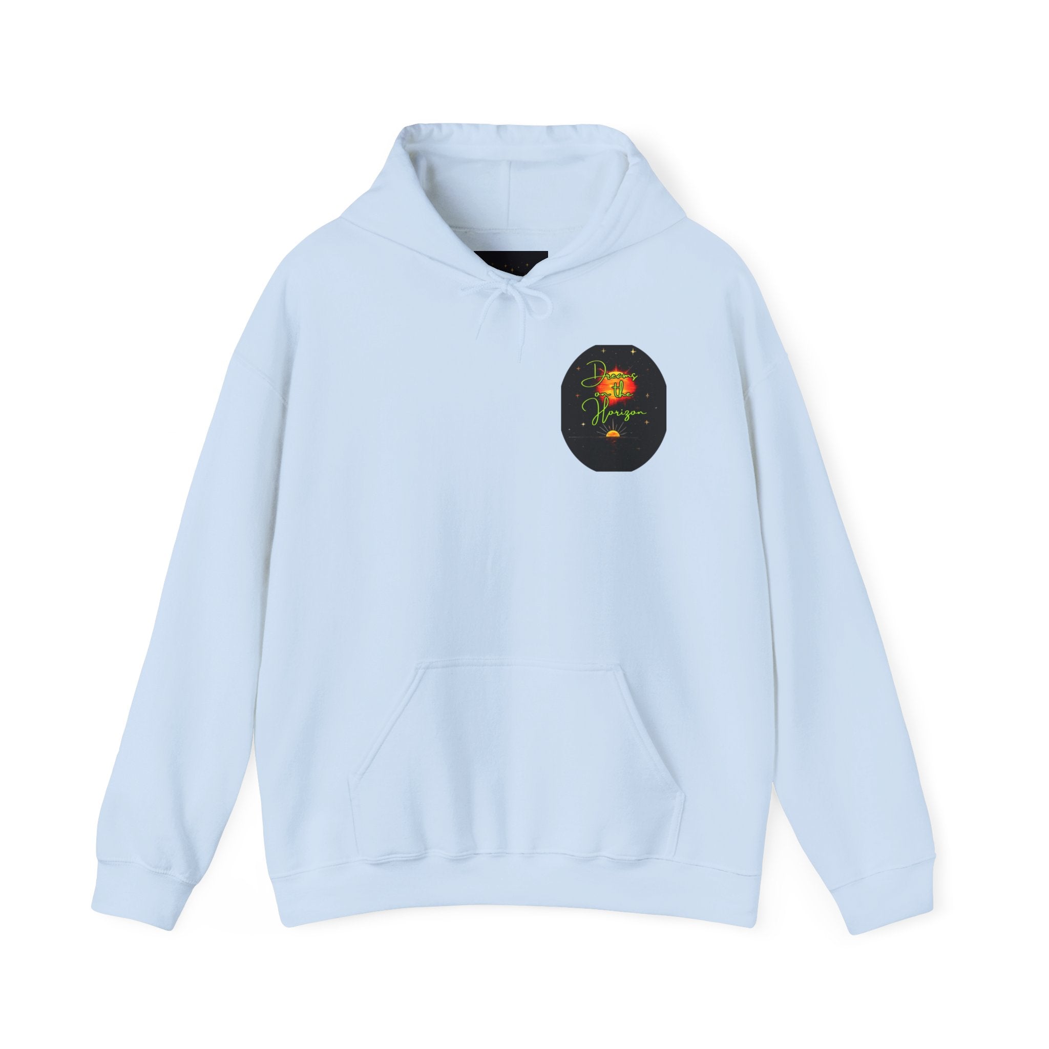 Dreams on the Horizon (Lemongrass) Sunrise Back Print Hooded Sweatshirt, Inspirational and Motivational Apparel, Gift for Dreamers, Creative Expression Wear