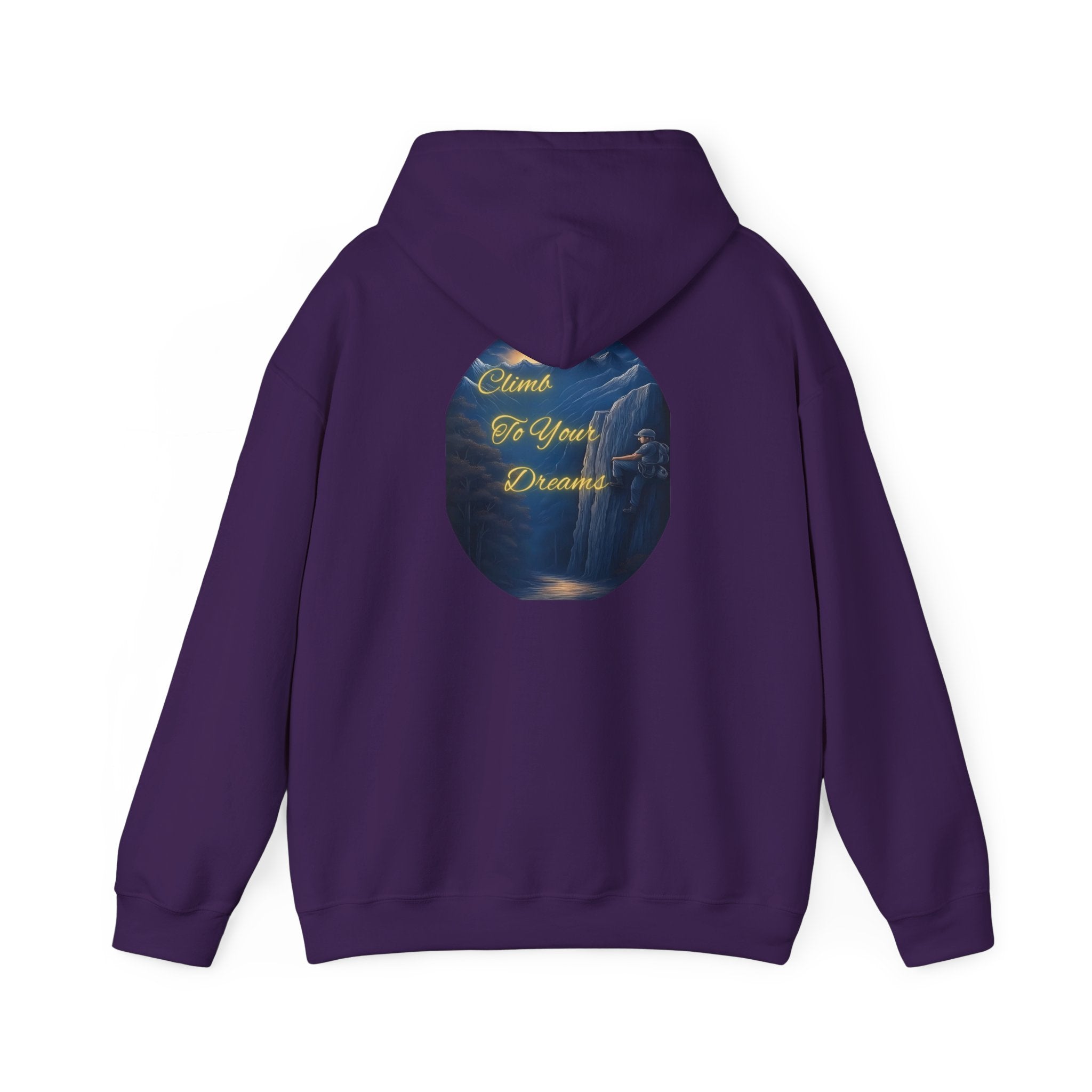 Climb To Your Dreams - Mountain Sunrise Hoodie | Back Glow Print + Front Badge | Heavy Blend™, Inspirational and Motivational Apparel, Gift for Dreamers, Creative Expression Wear