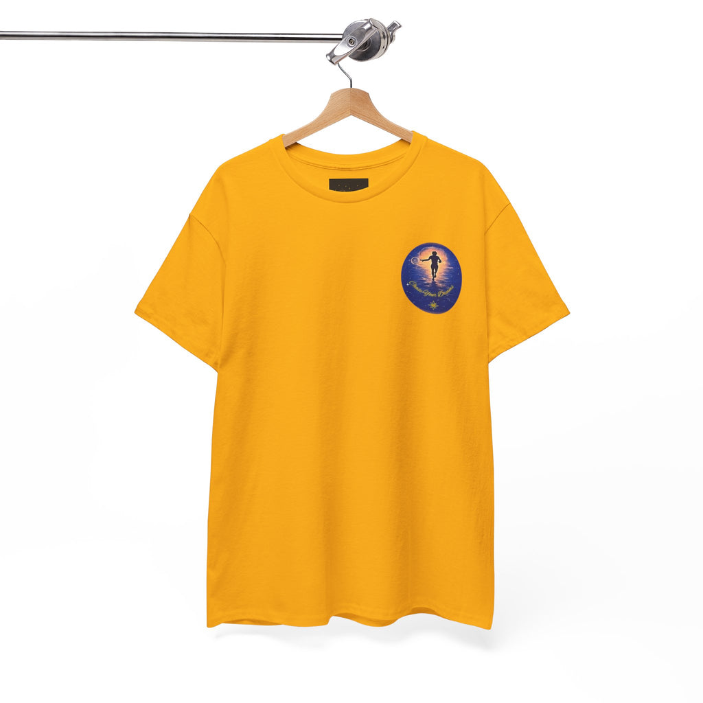 Chase Your Dreams – Sunrise Silhouette Back Printed Heavy Cotton Tee, Inspirational and Motivational Apparel, Gift for Dreamers, Creative Expression Wear