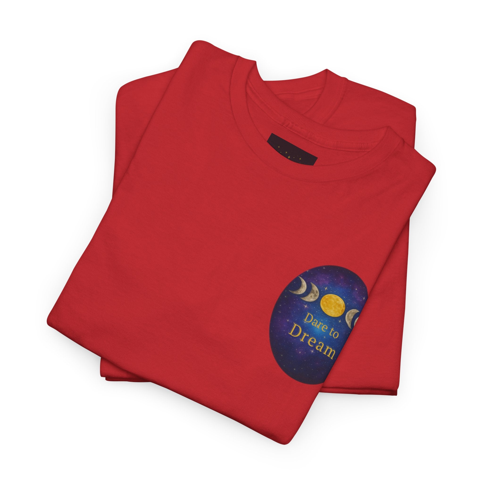 Dare to Dream Moon-Phase Tee – Golden Full Moon Back Print + Front Badge | Gildan 5000 Heavy Cotton, Inspirational and Motivational Apparel, Gift for Dreamers, Creative Expression Wear
