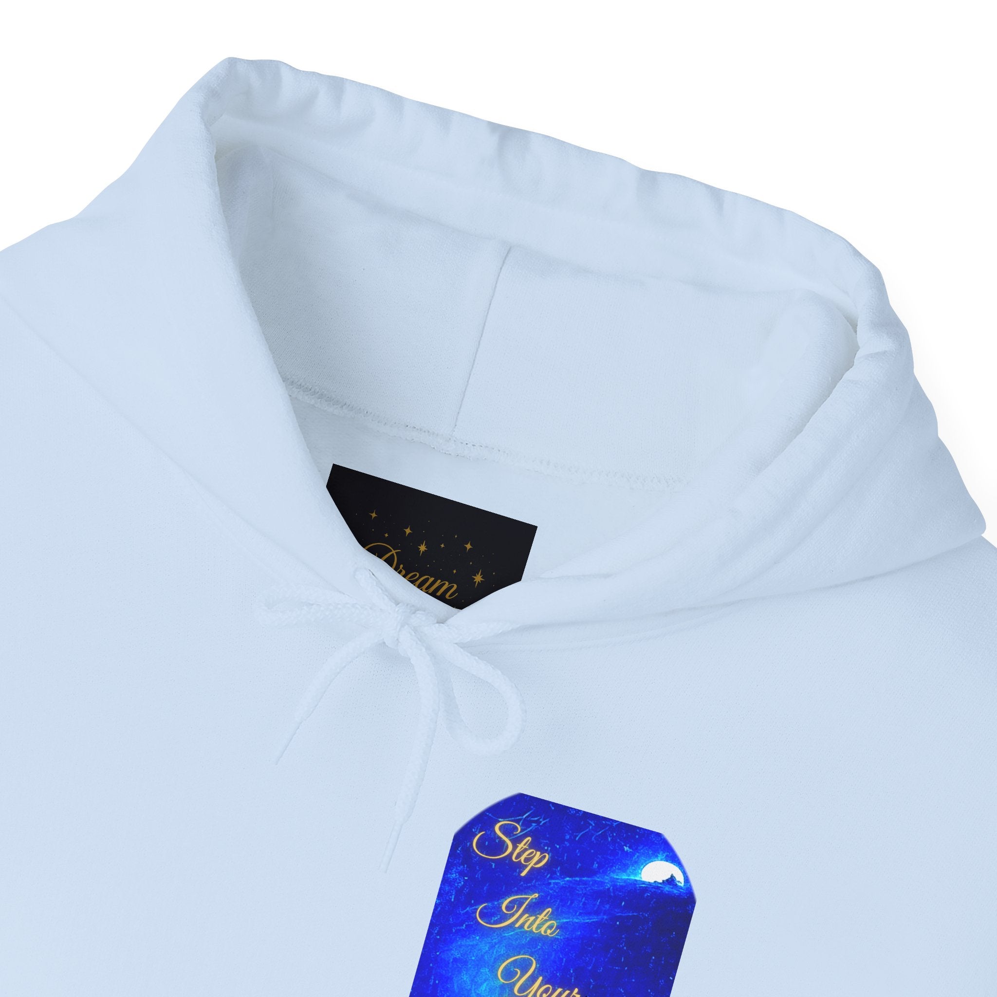 Step Into Your Dreams – Cosmic Gateway Back-print Hoodie | Tiny front badge | Gildan Heavy Blend™. Inspirational and Motivational Apparel, Gift for Dreamers, Creative Expression