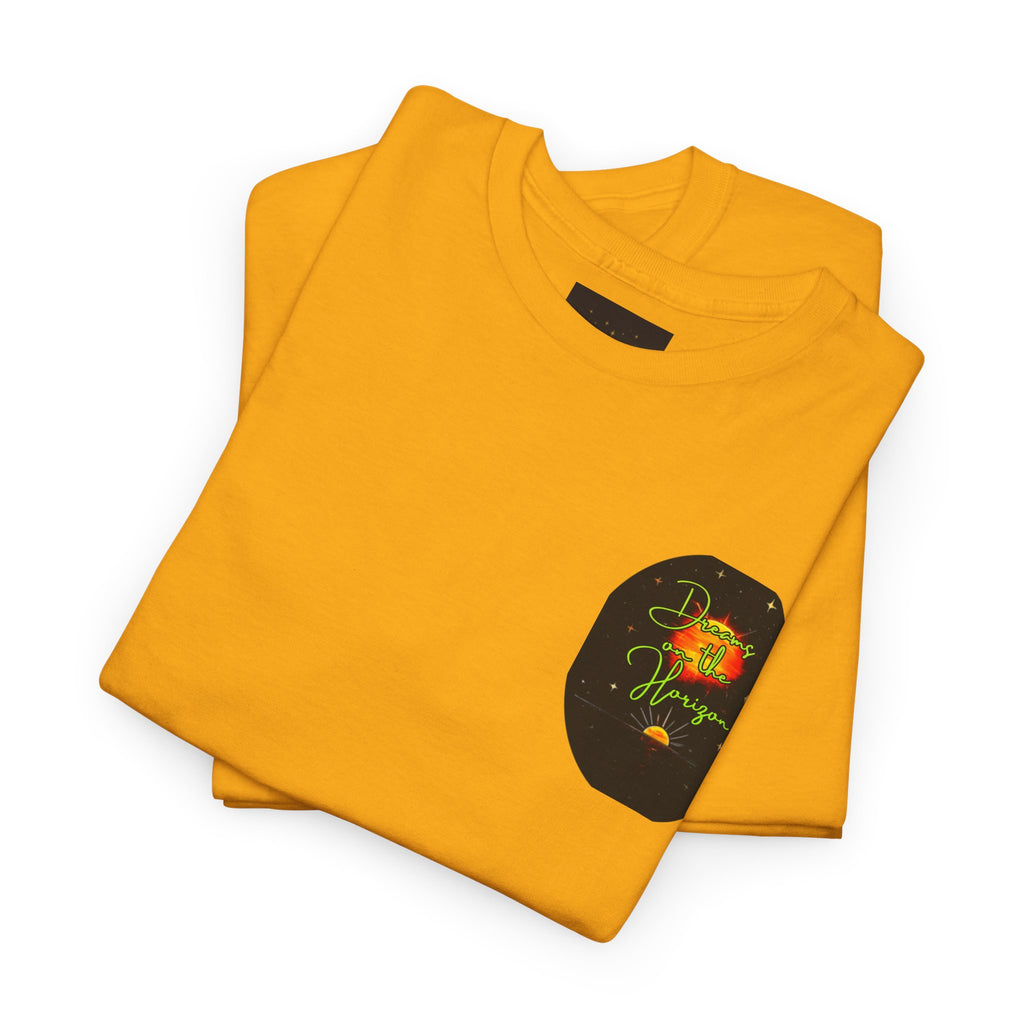 Dreams on the Horizon (Lemongrass) – Sunrise Back-Print Heavy Cotton Tee, Inspirational and Motivational Apparel, Gift for Dreamers, Creative Expression Wear