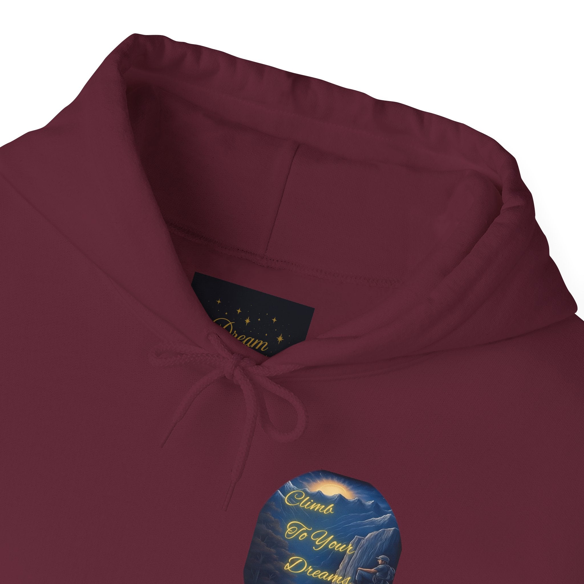 Climb To Your Dreams - Mountain Sunrise Hoodie | Back Glow Print + Front Badge | Heavy Blend™, Inspirational and Motivational Apparel, Gift for Dreamers, Creative Expression Wear