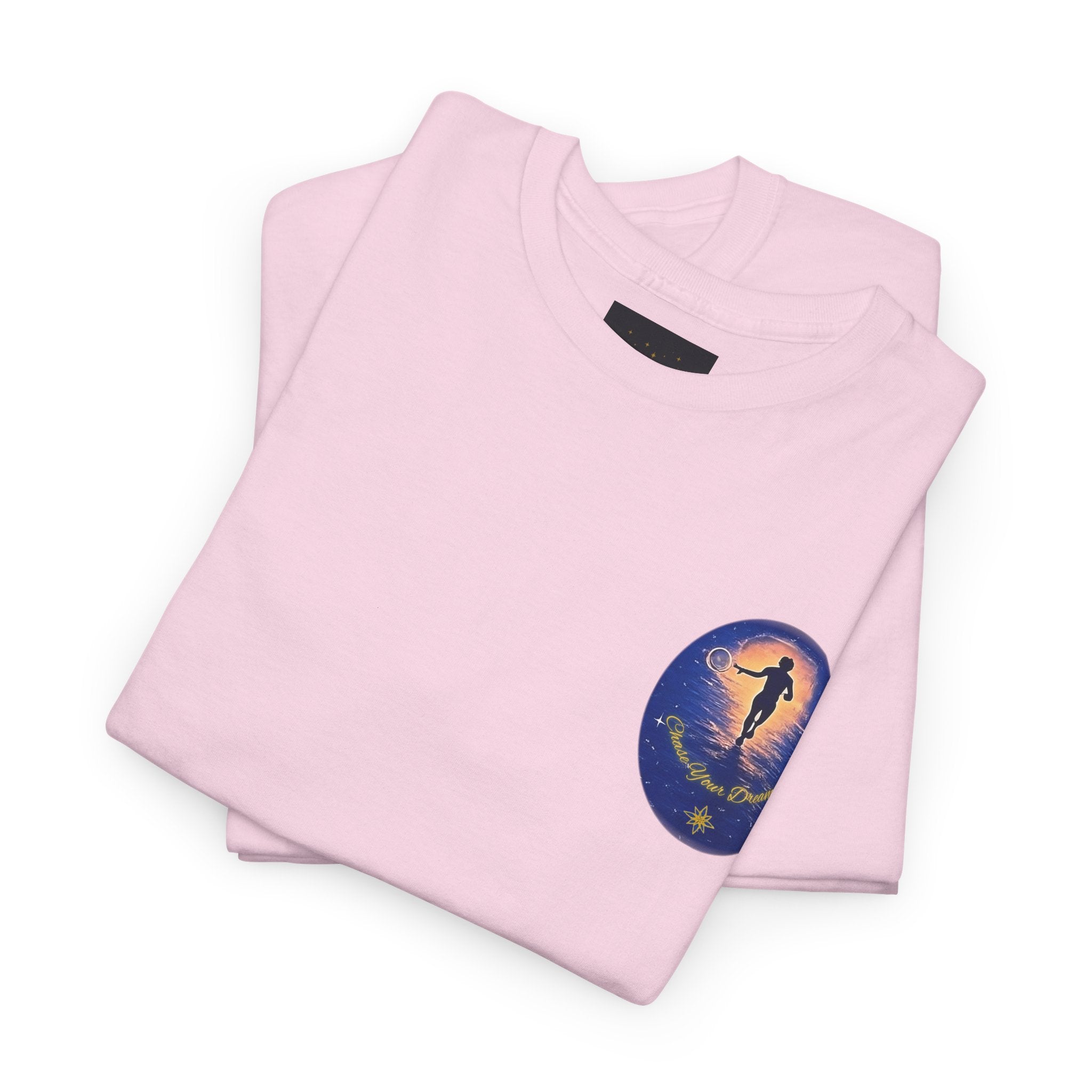 Chase Your Dreams – Sunrise Silhouette Back Printed Heavy Cotton Tee, Inspirational and Motivational Apparel, Gift for Dreamers, Creative Expression Wear