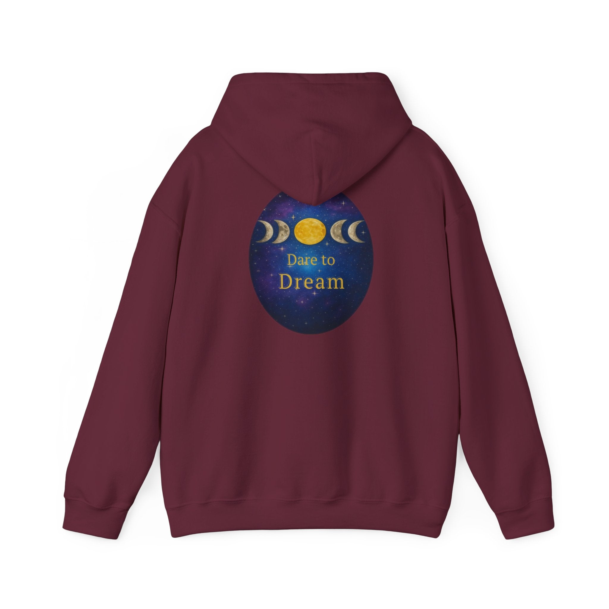 Dare to Dream Moon-Phase Hoodie | Back Glow Print + Front Badge | Heavy Blend™, Inspirational and Motivational Apparel, Gift for Dreamers, Creative Expression Wear