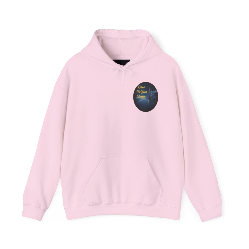 Climb To Your Dreams – Starry Night Ladder-to-Moon Back-Print Hoodie + Front Badge | Gildan 18500, Inspirational and Motivational Apparel, Gift for Dreamers, Creative Expression Wear