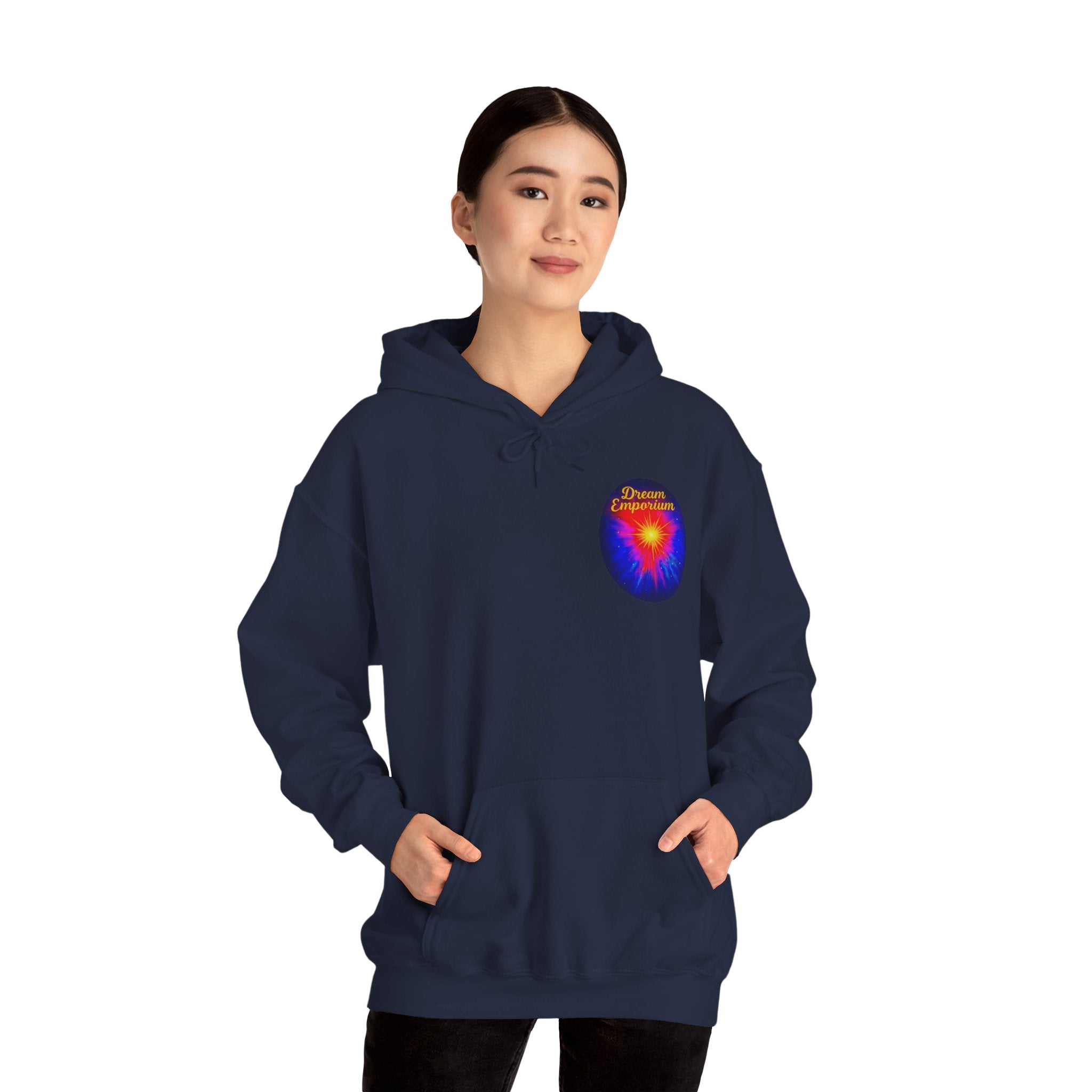 Dream Emporium – Back Printed Radiant Starburst Heavy Blend™ Hooded Sweatshirt, Inspirational and Motivational Apparel, Gift for Dreamers, Creative Expression Wear