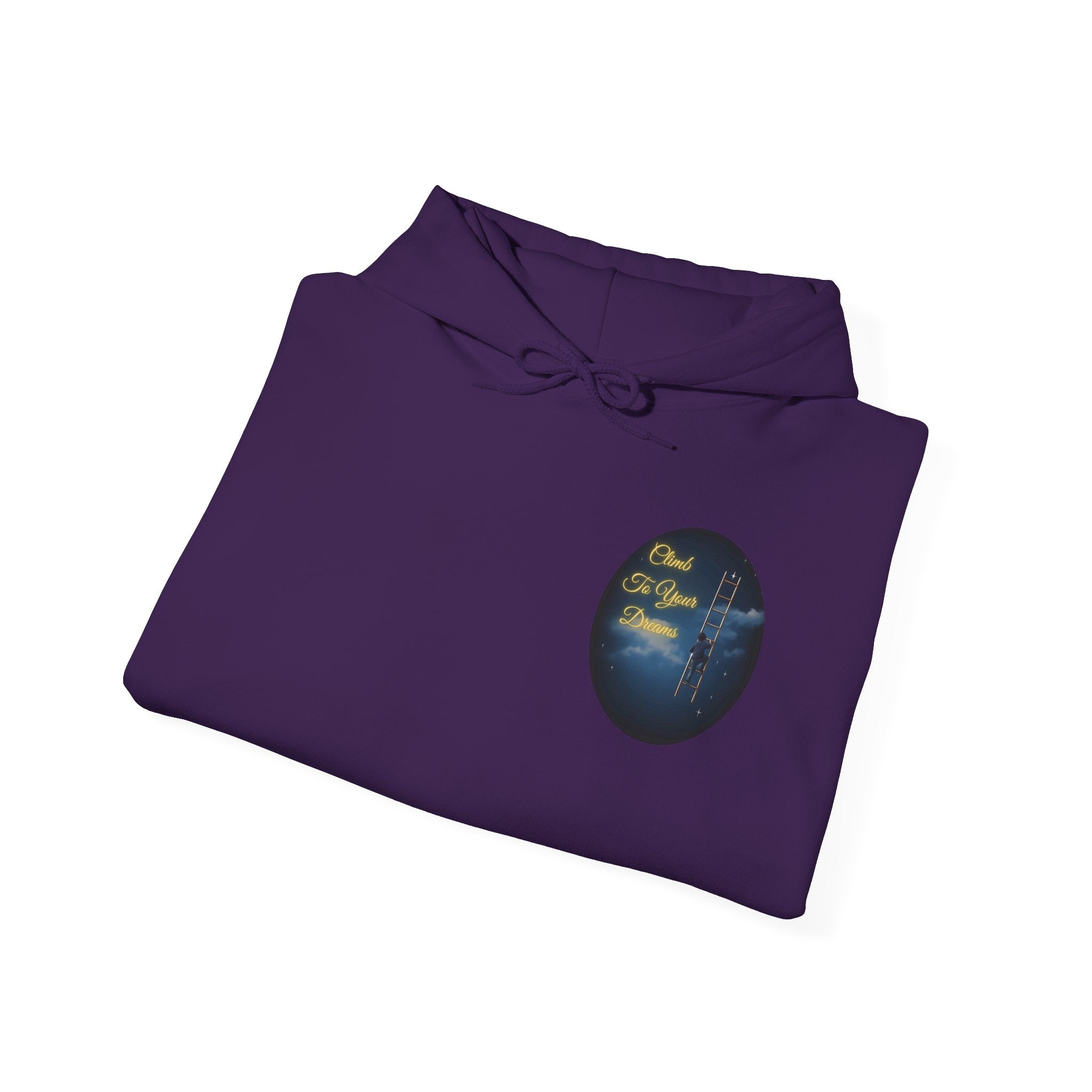 Climb To Your Dreams – Starry Night Ladder-to-Moon Back-Print Hoodie + Front Badge | Gildan 18500, Inspirational and Motivational Apparel, Gift for Dreamers, Creative Expression Wear