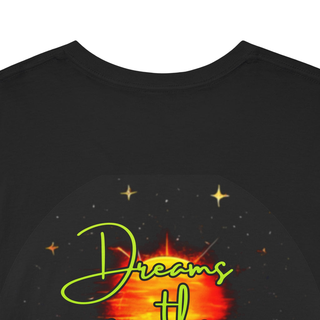 Dreams on the Horizon (Lemongrass) – Sunrise Back-Print Heavy Cotton Tee, Inspirational and Motivational Apparel, Gift for Dreamers, Creative Expression Wear