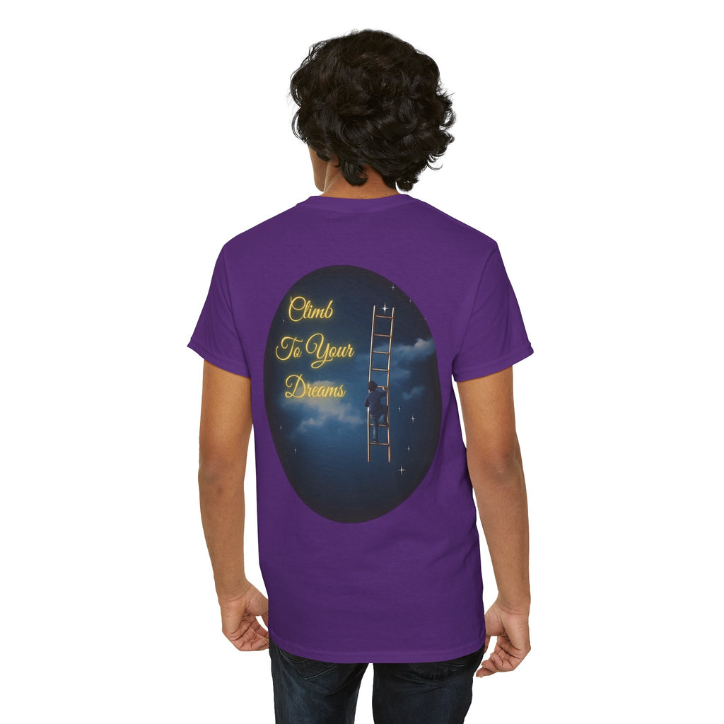 Climb To Your Dreams – Starry Night Ladder Back-Print Tee + Front Badge | Gildan 5000, Inspirational and Motivational Apparel, Gift for Dreamers, Creative Expression Wear