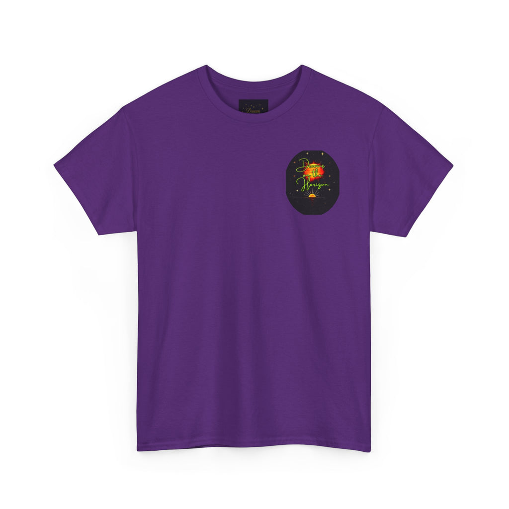Dreams on the Horizon (Lemongrass) – Sunrise Back-Print Heavy Cotton Tee, Inspirational and Motivational Apparel, Gift for Dreamers, Creative Expression Wear