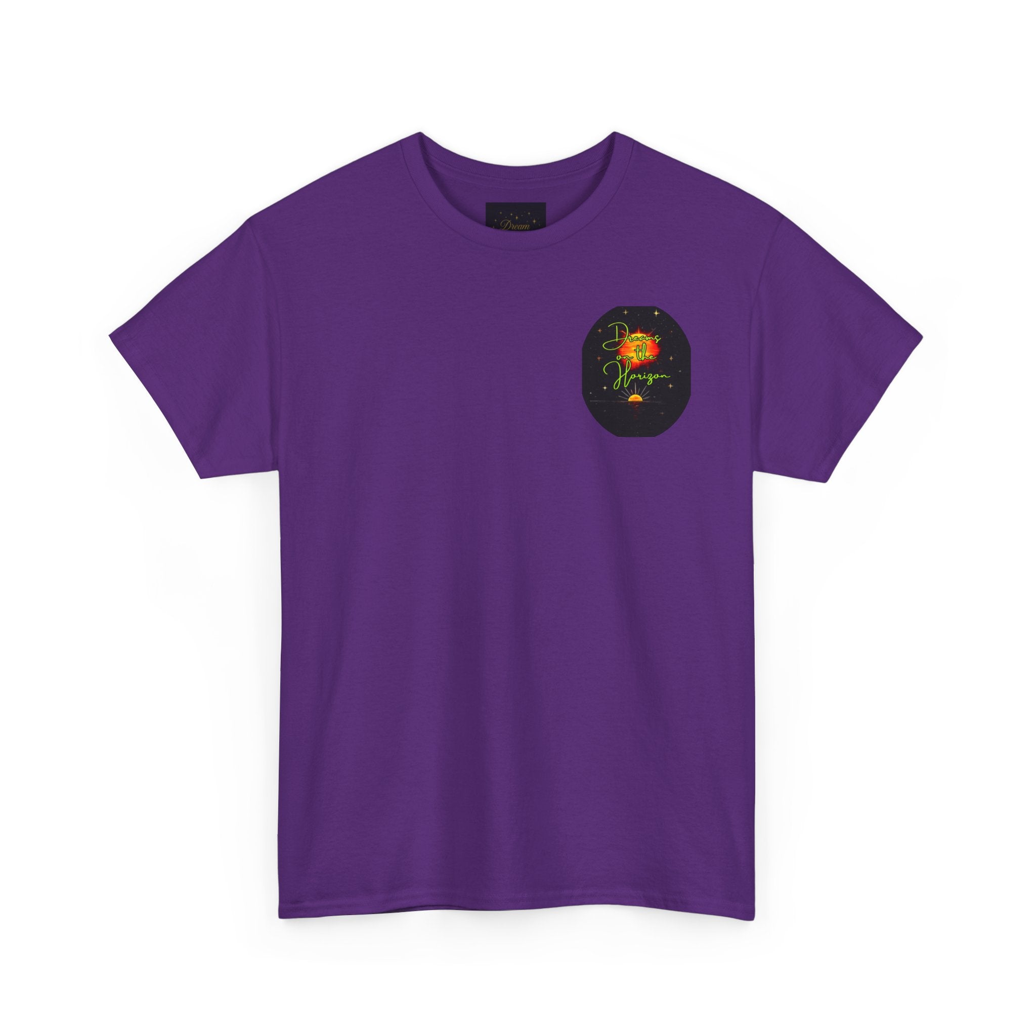 Dreams on the Horizon (Lemongrass) – Sunrise Back-Print Heavy Cotton Tee, Inspirational and Motivational Apparel, Gift for Dreamers, Creative Expression Wear