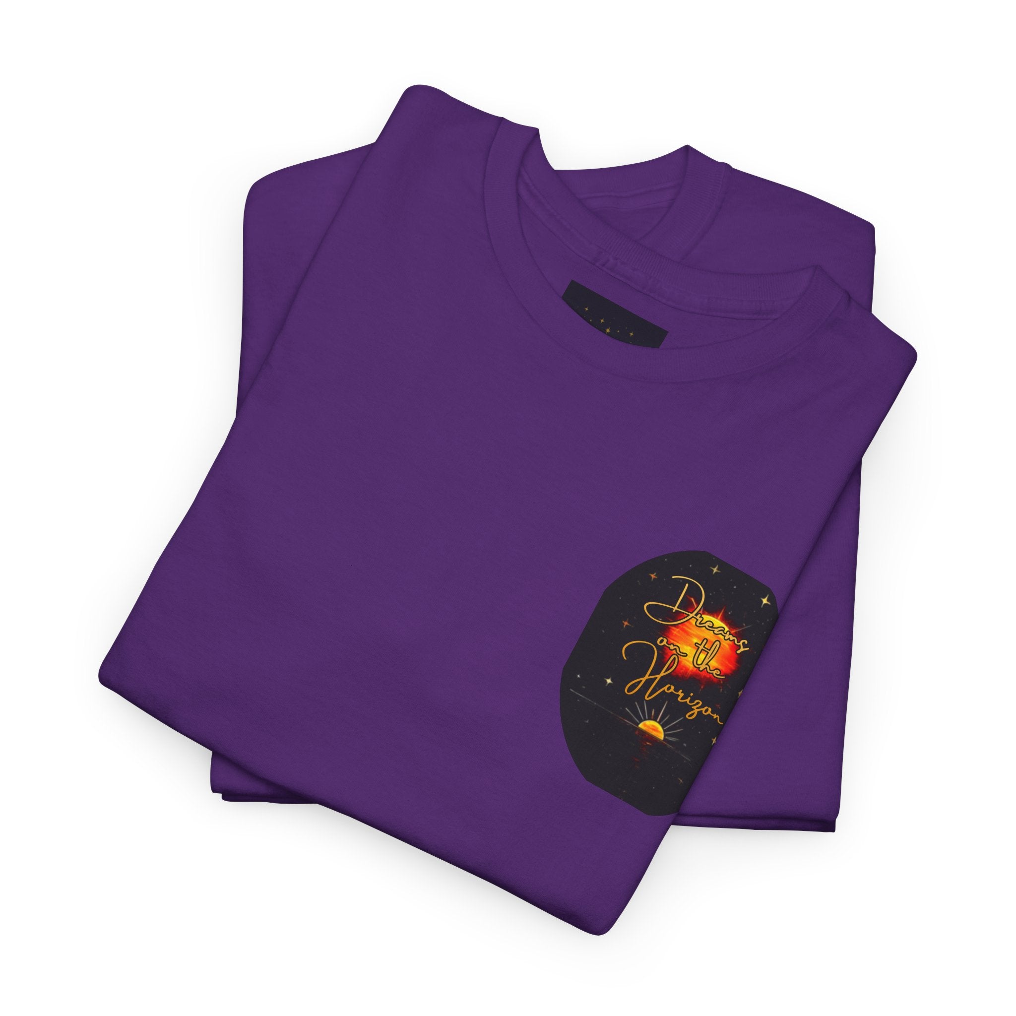 Dreams on the Horizon – Sunrise Back-Print Heavy Cotton Tee, Inspirational and Motivational Apparel, Gift for Dreamers, Creative Expression Wear