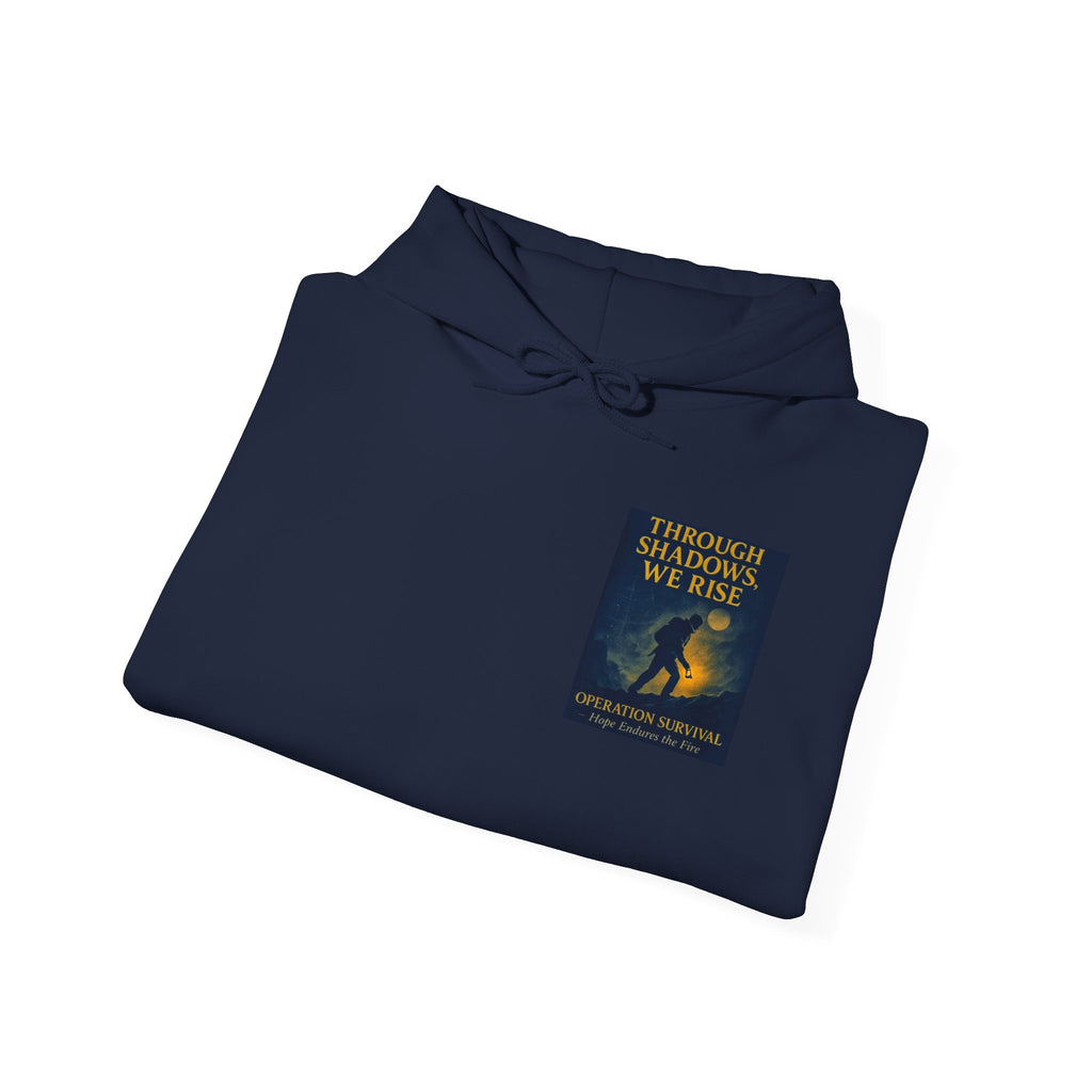Through Shadows, We Rise – Back-print Cinematic Artwork Operation Survival Hoodie  | Gildan Heavy Blend™ 18500 — Inspirational and Motivational Apparel, Gift for Dreamers, Creative Expression Wear