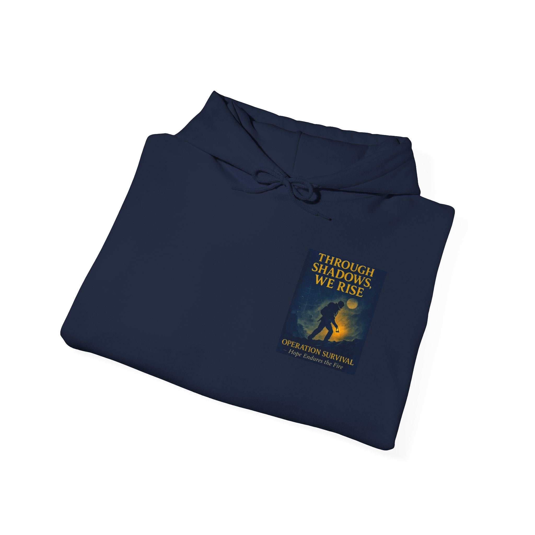 Through Shadows, We Rise – Back-print Cinematic Artwork Operation Survival Hoodie  | Gildan Heavy Blend™ 18500 — Inspirational and Motivational Apparel, Gift for Dreamers, Creative Expression Wear