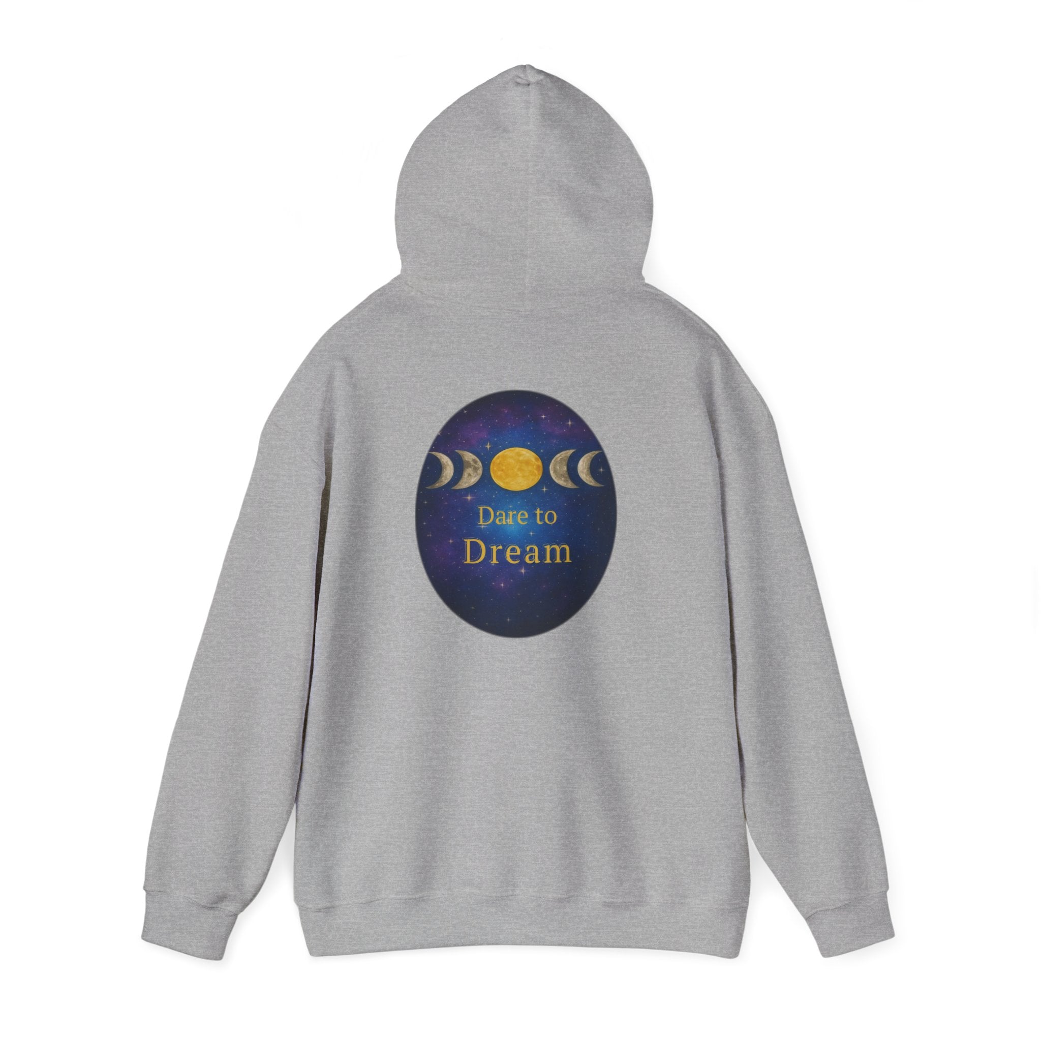 Dare to Dream Moon-Phase Hoodie | Back Glow Print + Front Badge | Heavy Blend™, Inspirational and Motivational Apparel, Gift for Dreamers, Creative Expression Wear