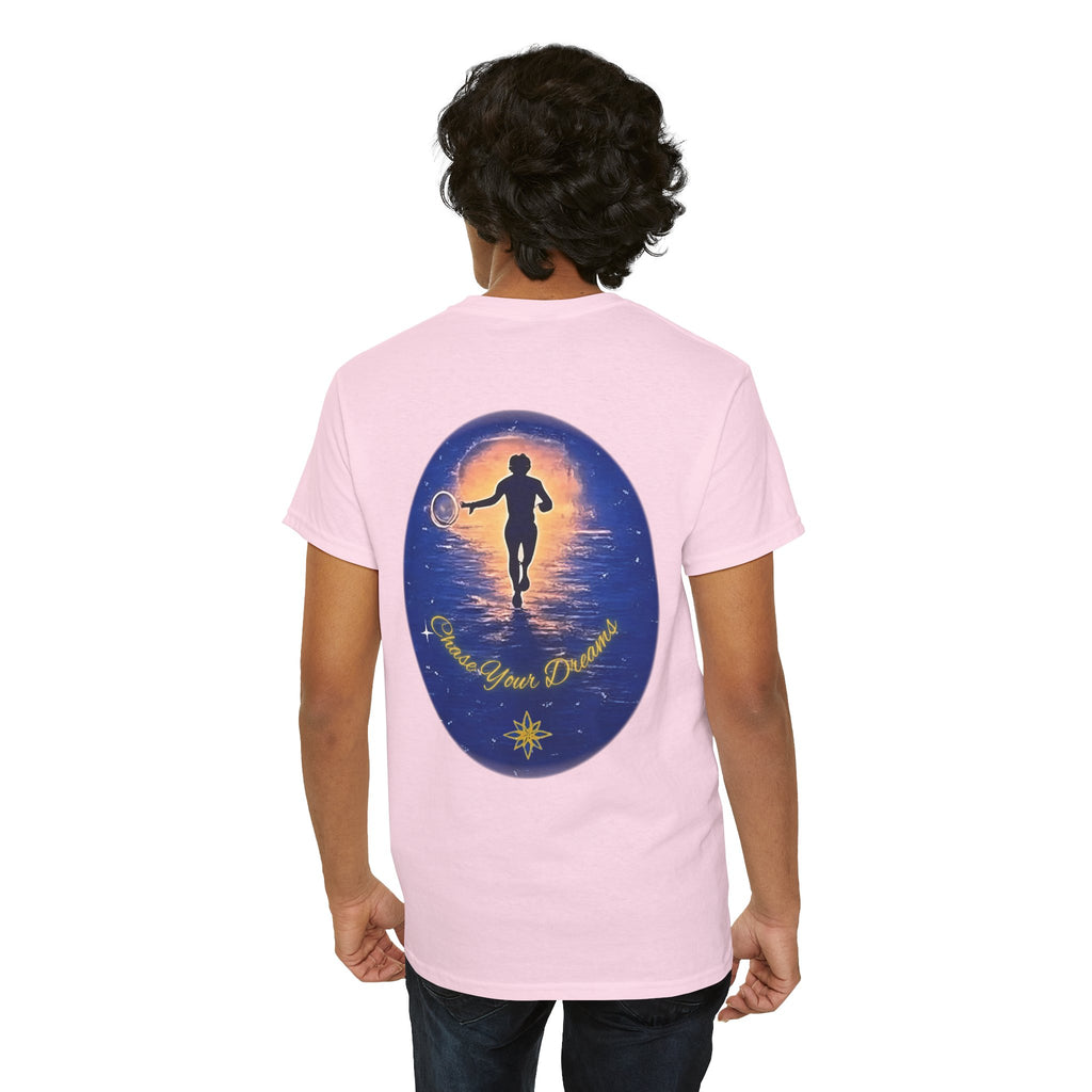 Chase Your Dreams – Sunrise Silhouette Back Printed Heavy Cotton Tee, Inspirational and Motivational Apparel, Gift for Dreamers, Creative Expression Wear