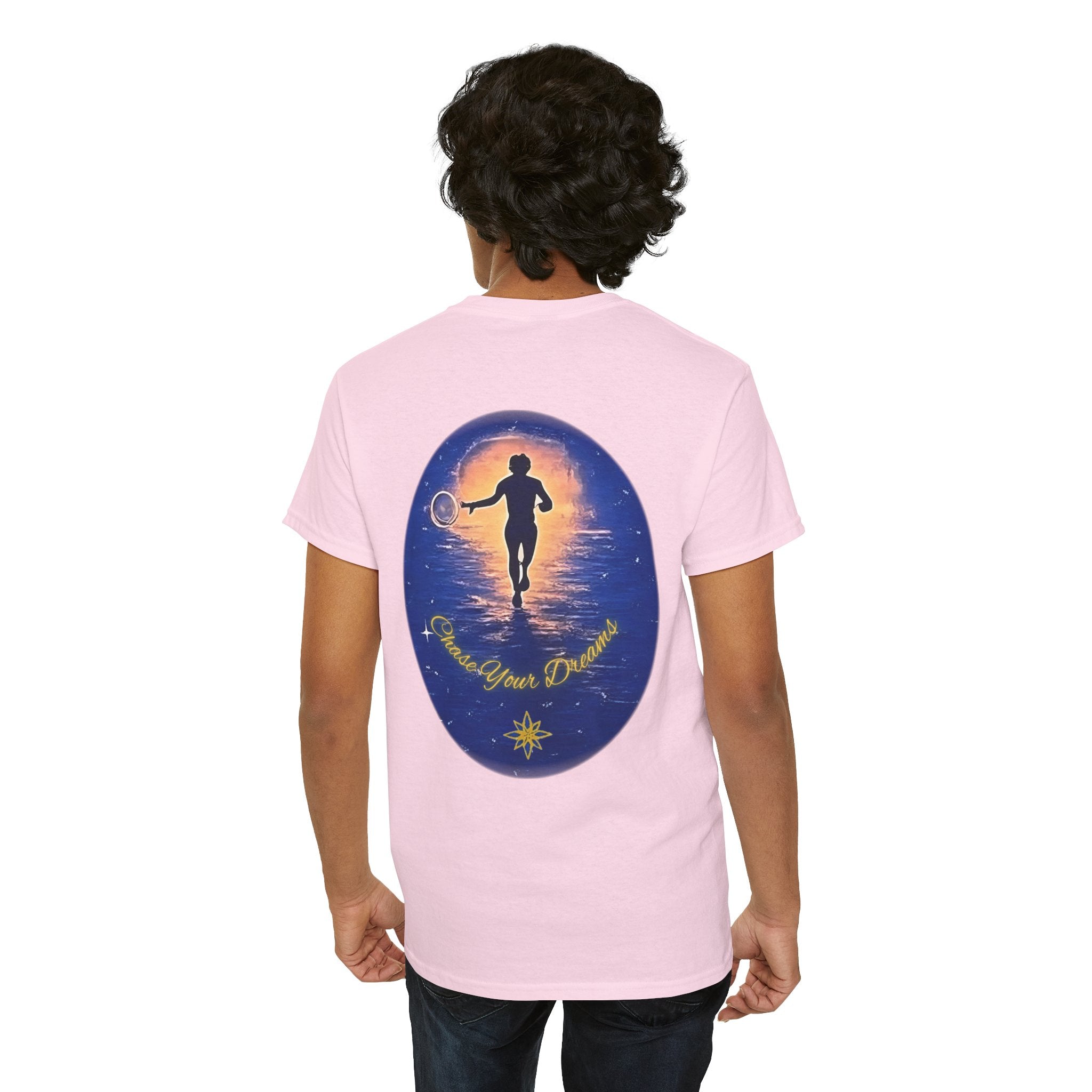 Chase Your Dreams – Sunrise Silhouette Back Printed Heavy Cotton Tee, Inspirational and Motivational Apparel, Gift for Dreamers, Creative Expression Wear