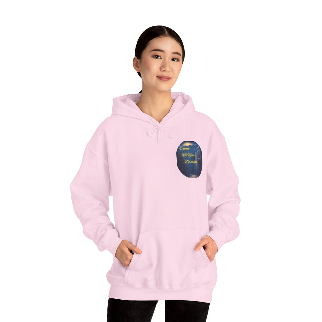 Climb To Your Dreams - Mountain Sunrise Hoodie | Back Glow Print + Front Badge | Heavy Blend™, Inspirational and Motivational Apparel, Gift for Dreamers, Creative Expression Wear