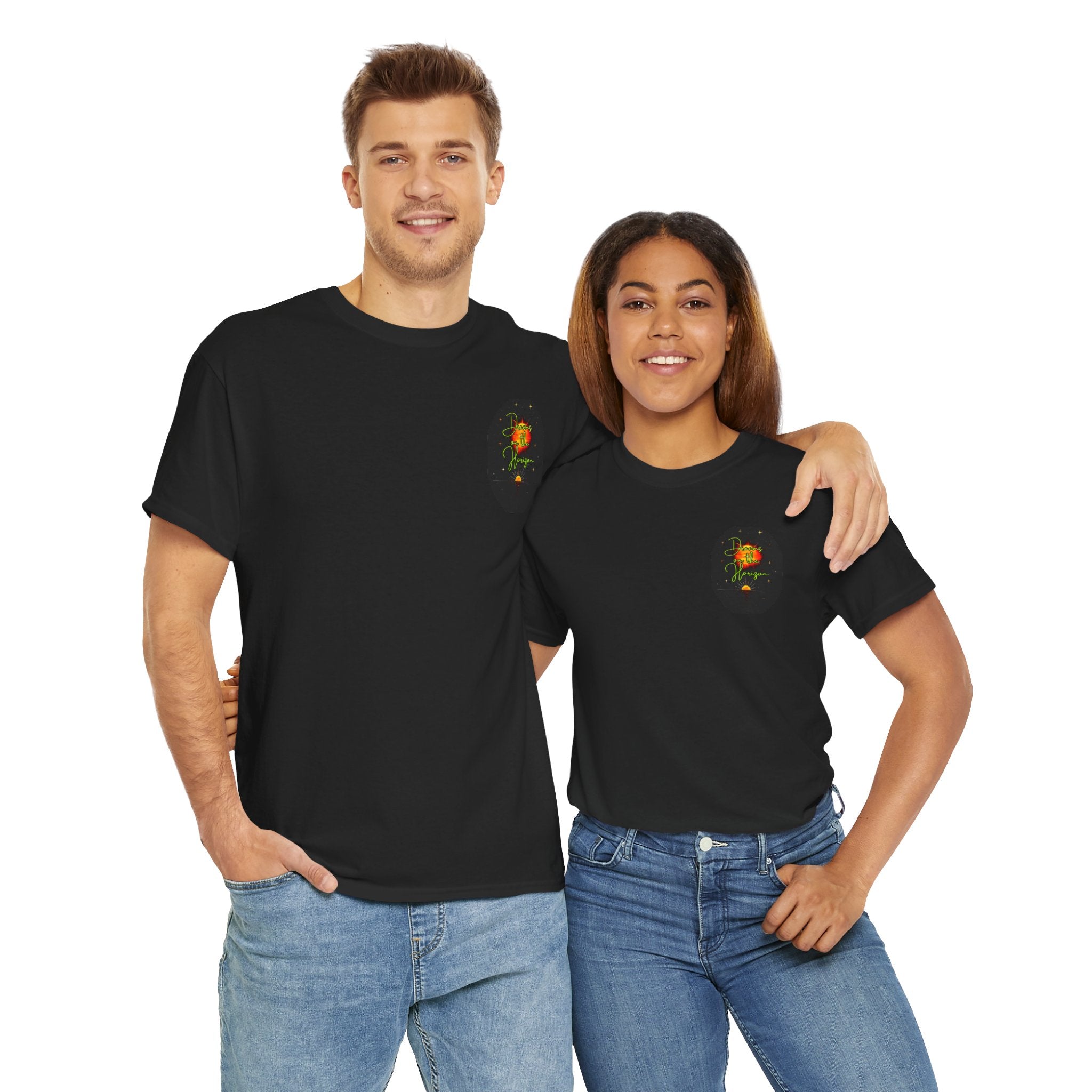Dreams on the Horizon (Lemongrass) – Sunrise Back-Print Heavy Cotton Tee, Inspirational and Motivational Apparel, Gift for Dreamers, Creative Expression Wear