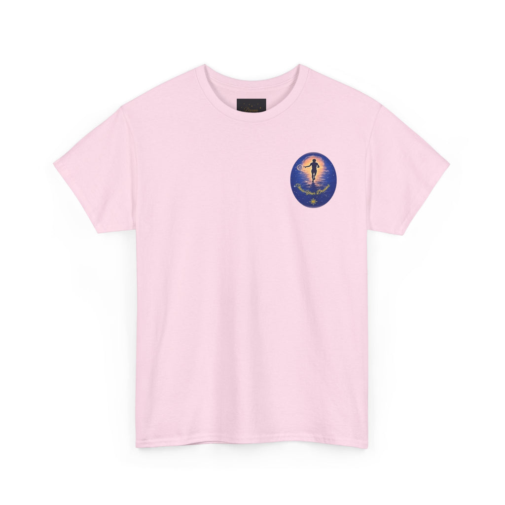 Chase Your Dreams – Sunrise Silhouette Back Printed Heavy Cotton Tee, Inspirational and Motivational Apparel, Gift for Dreamers, Creative Expression Wear