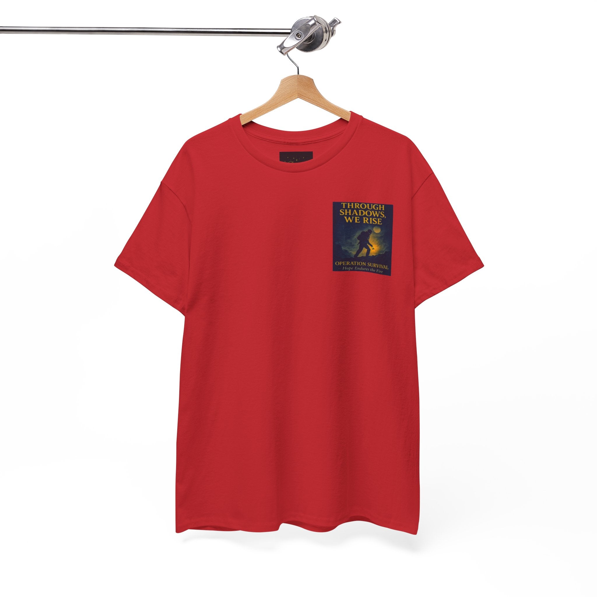 Through Shadows, We Rise - Back-print Cinematic Artwork Operation Survival Tee. Inspirational and Motivational Apparel, Gift for Dreamers, Creative Expression Wear