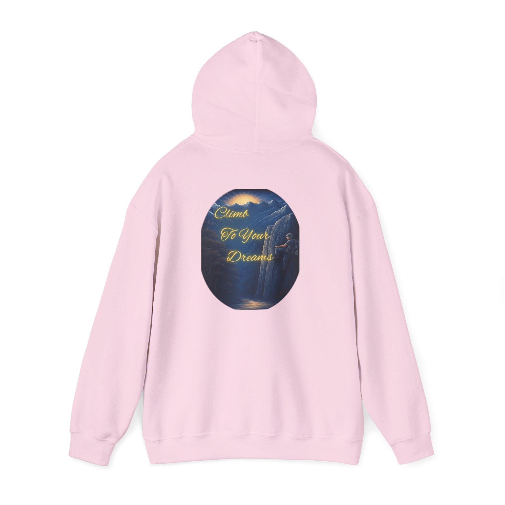 Climb To Your Dreams - Mountain Sunrise Hoodie | Back Glow Print + Front Badge | Heavy Blend™, Inspirational and Motivational Apparel, Gift for Dreamers, Creative Expression Wear
