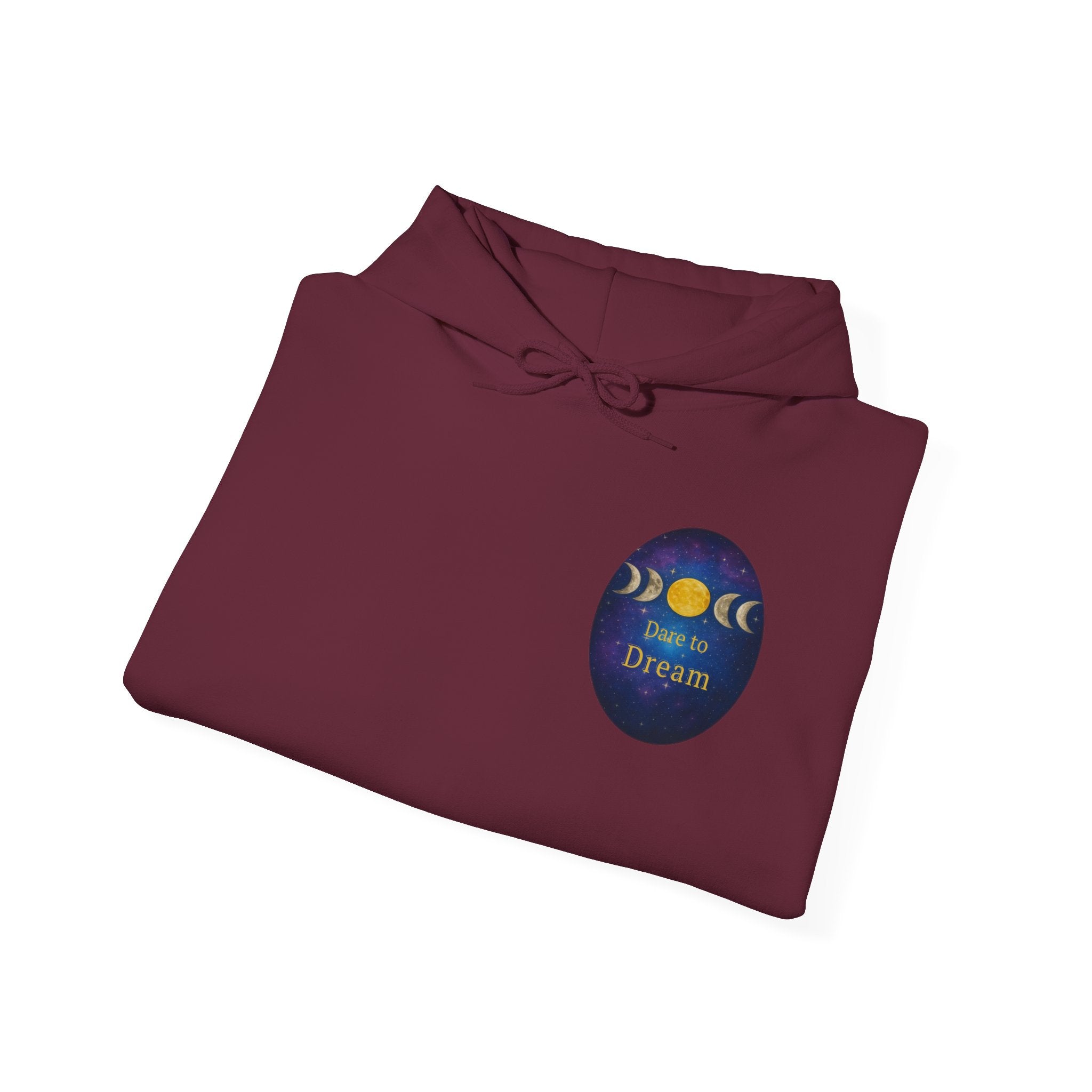 Dare to Dream Moon-Phase Hoodie | Back Glow Print + Front Badge | Heavy Blend™, Inspirational and Motivational Apparel, Gift for Dreamers, Creative Expression Wear