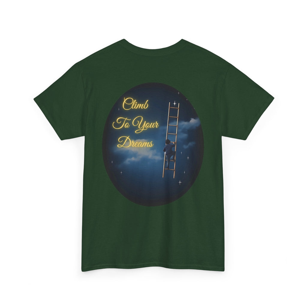 Climb To Your Dreams – Starry Night Ladder Back-Print Tee + Front Badge | Gildan 5000, Inspirational and Motivational Apparel, Gift for Dreamers, Creative Expression Wear
