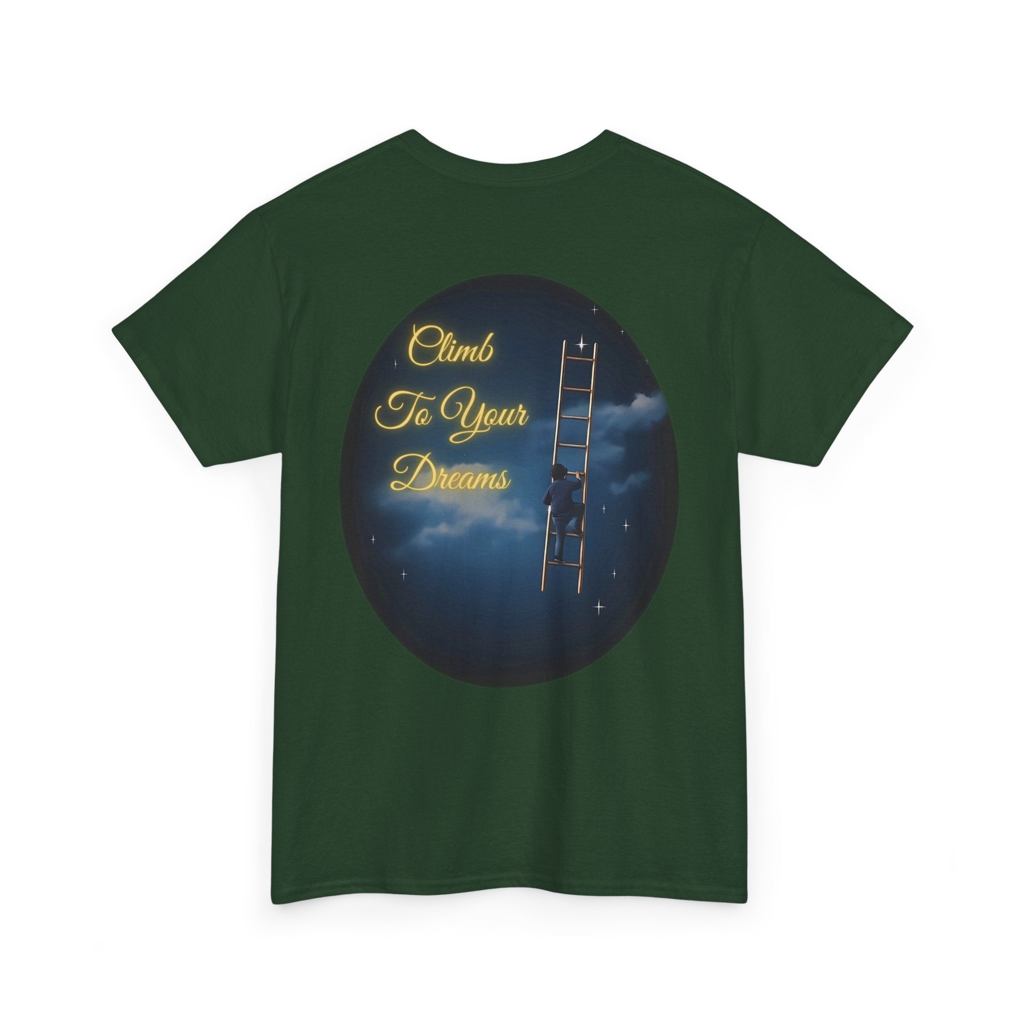 Climb To Your Dreams – Starry Night Ladder Back-Print Tee + Front Badge | Gildan 5000, Inspirational and Motivational Apparel, Gift for Dreamers, Creative Expression Wear