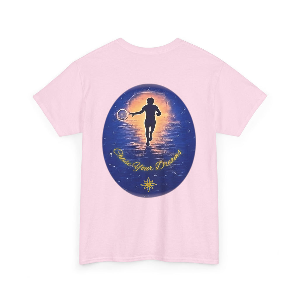 Chase Your Dreams – Sunrise Silhouette Back Printed Heavy Cotton Tee, Inspirational and Motivational Apparel, Gift for Dreamers, Creative Expression Wear