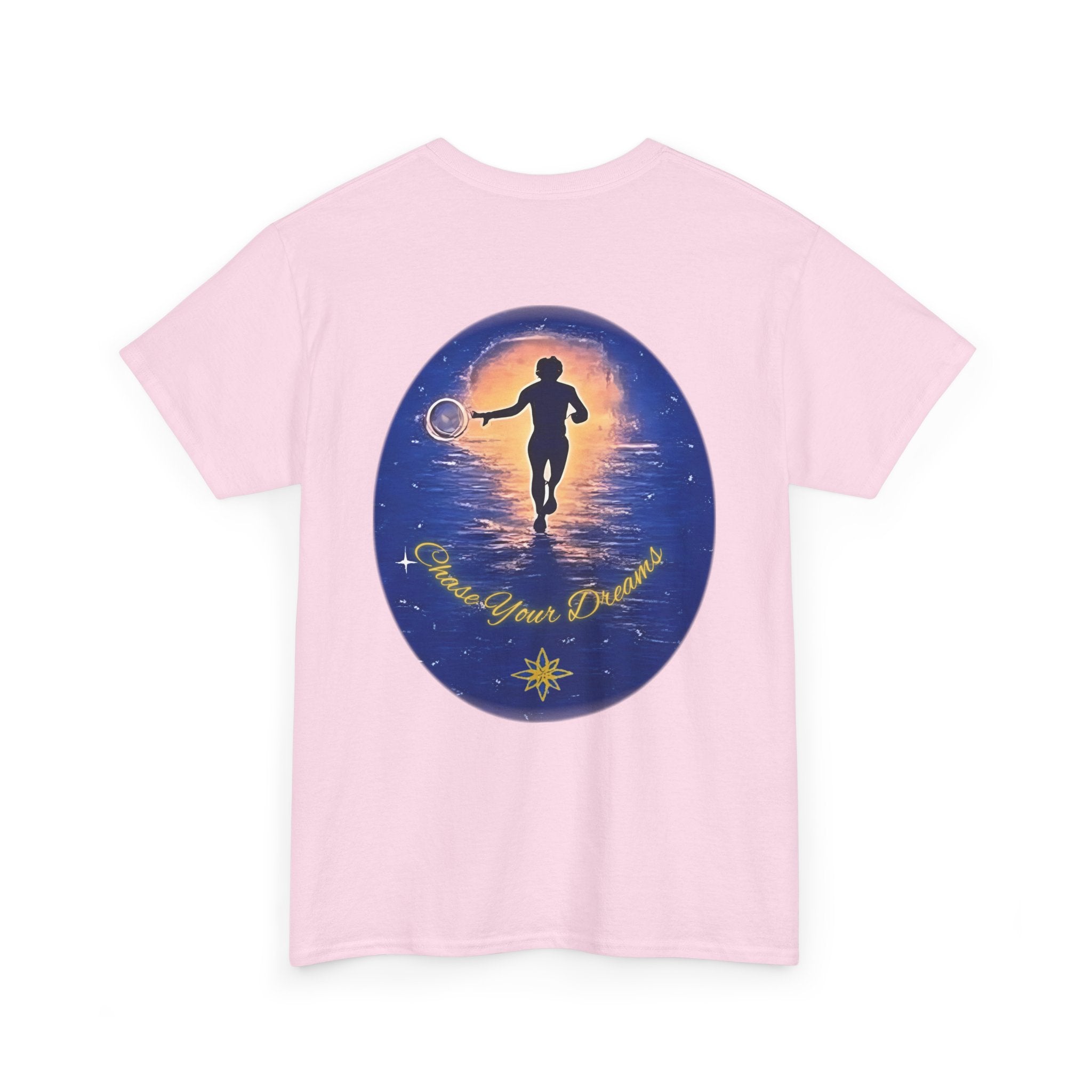 Chase Your Dreams – Sunrise Silhouette Back Printed Heavy Cotton Tee, Inspirational and Motivational Apparel, Gift for Dreamers, Creative Expression Wear