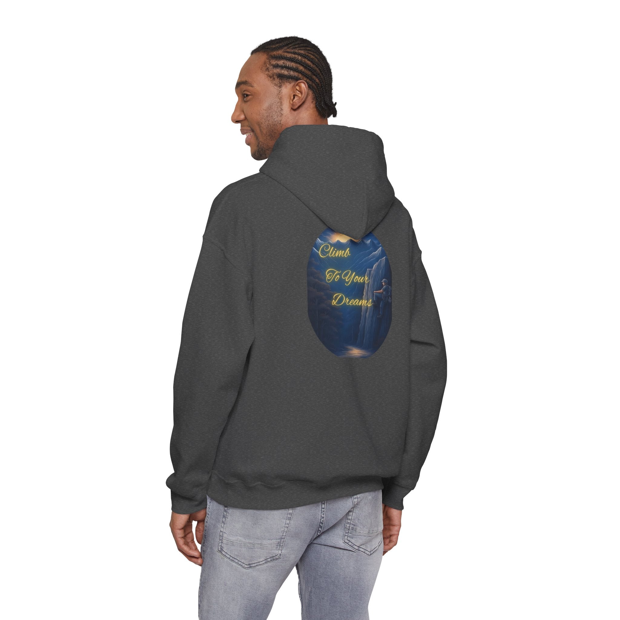 Climb To Your Dreams - Mountain Sunrise Hoodie | Back Glow Print + Front Badge | Heavy Blend™, Inspirational and Motivational Apparel, Gift for Dreamers, Creative Expression Wear