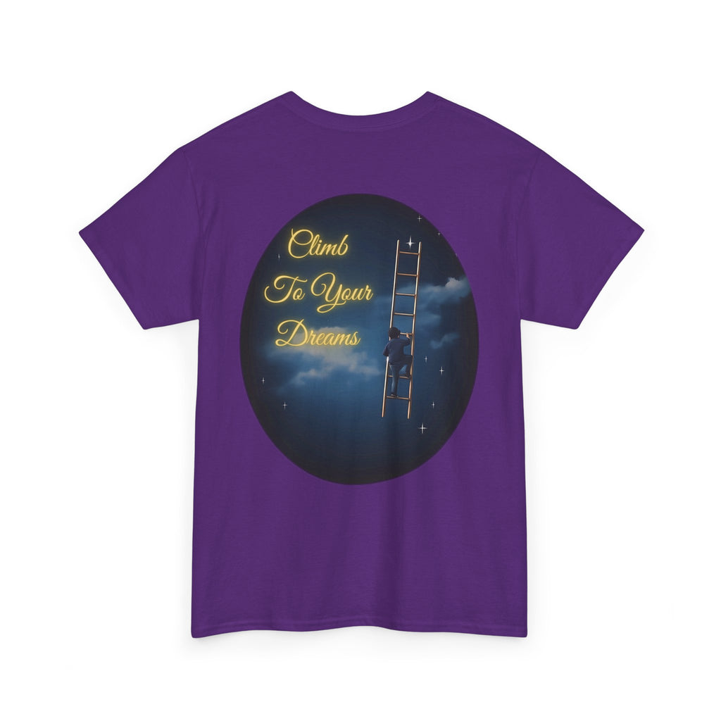 Climb To Your Dreams – Starry Night Ladder Back-Print Tee + Front Badge | Gildan 5000, Inspirational and Motivational Apparel, Gift for Dreamers, Creative Expression Wear