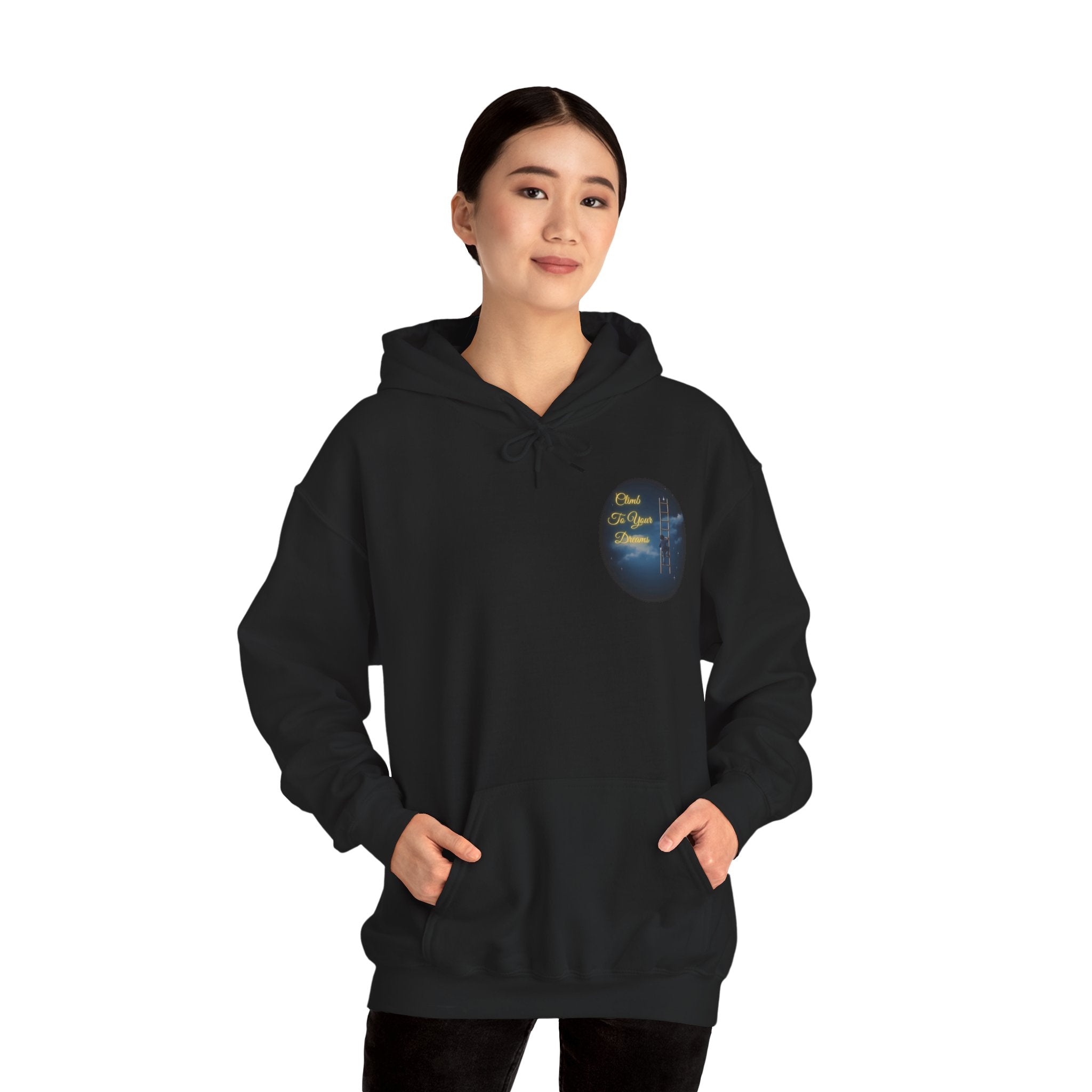 Climb To Your Dreams – Starry Night Ladder-to-Moon Back-Print Hoodie + Front Badge | Gildan 18500, Inspirational and Motivational Apparel, Gift for Dreamers, Creative Expression Wear