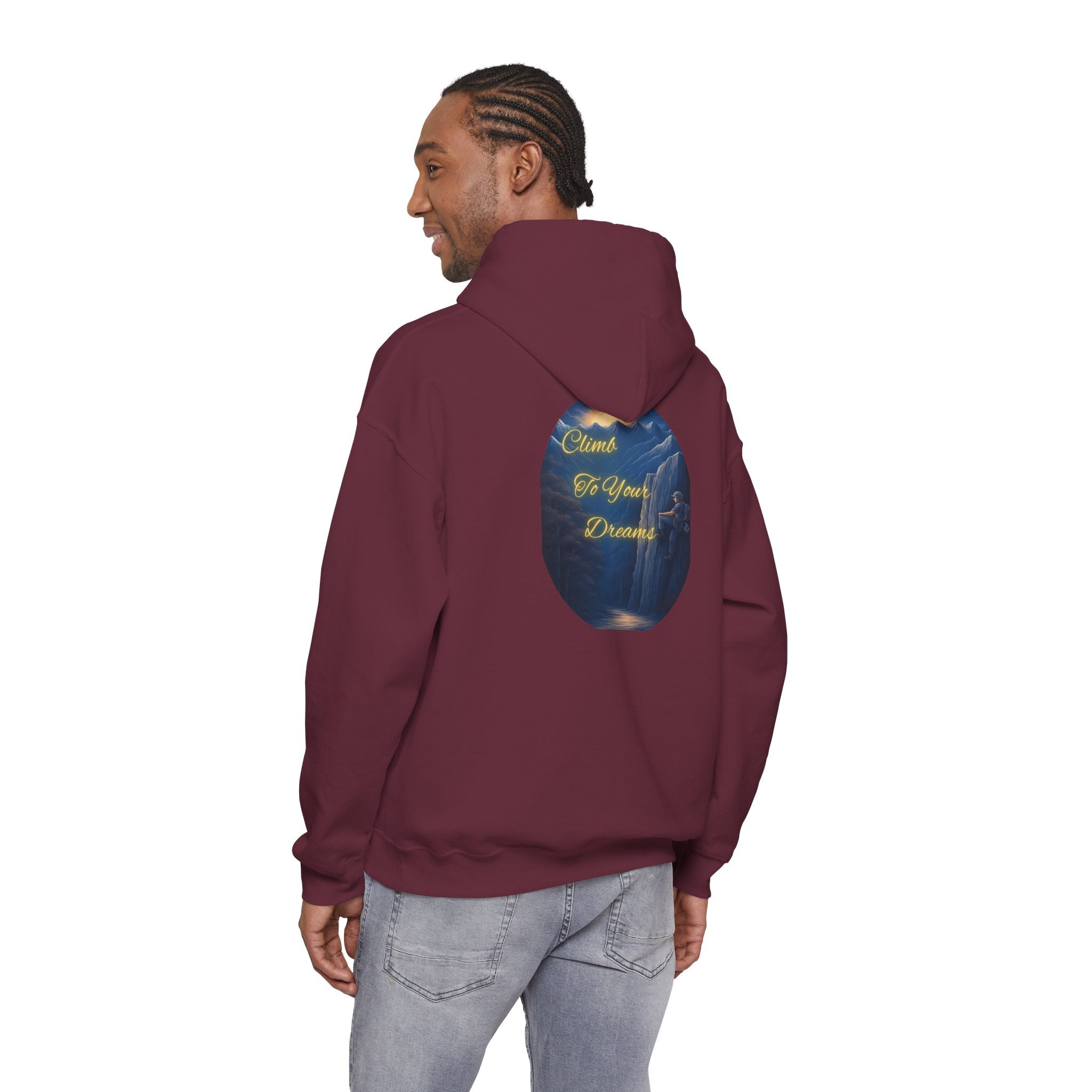 Climb To Your Dreams - Mountain Sunrise Hoodie | Back Glow Print + Front Badge | Heavy Blend™, Inspirational and Motivational Apparel, Gift for Dreamers, Creative Expression Wear