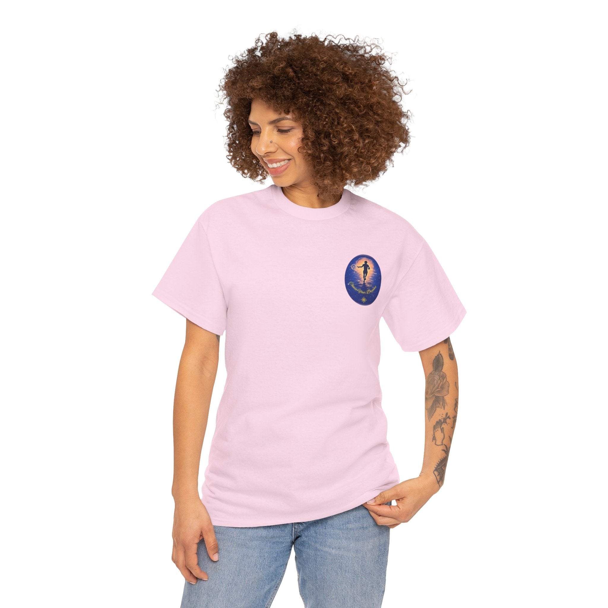 Chase Your Dreams – Sunrise Silhouette Back Printed Heavy Cotton Tee, Inspirational and Motivational Apparel, Gift for Dreamers, Creative Expression Wear