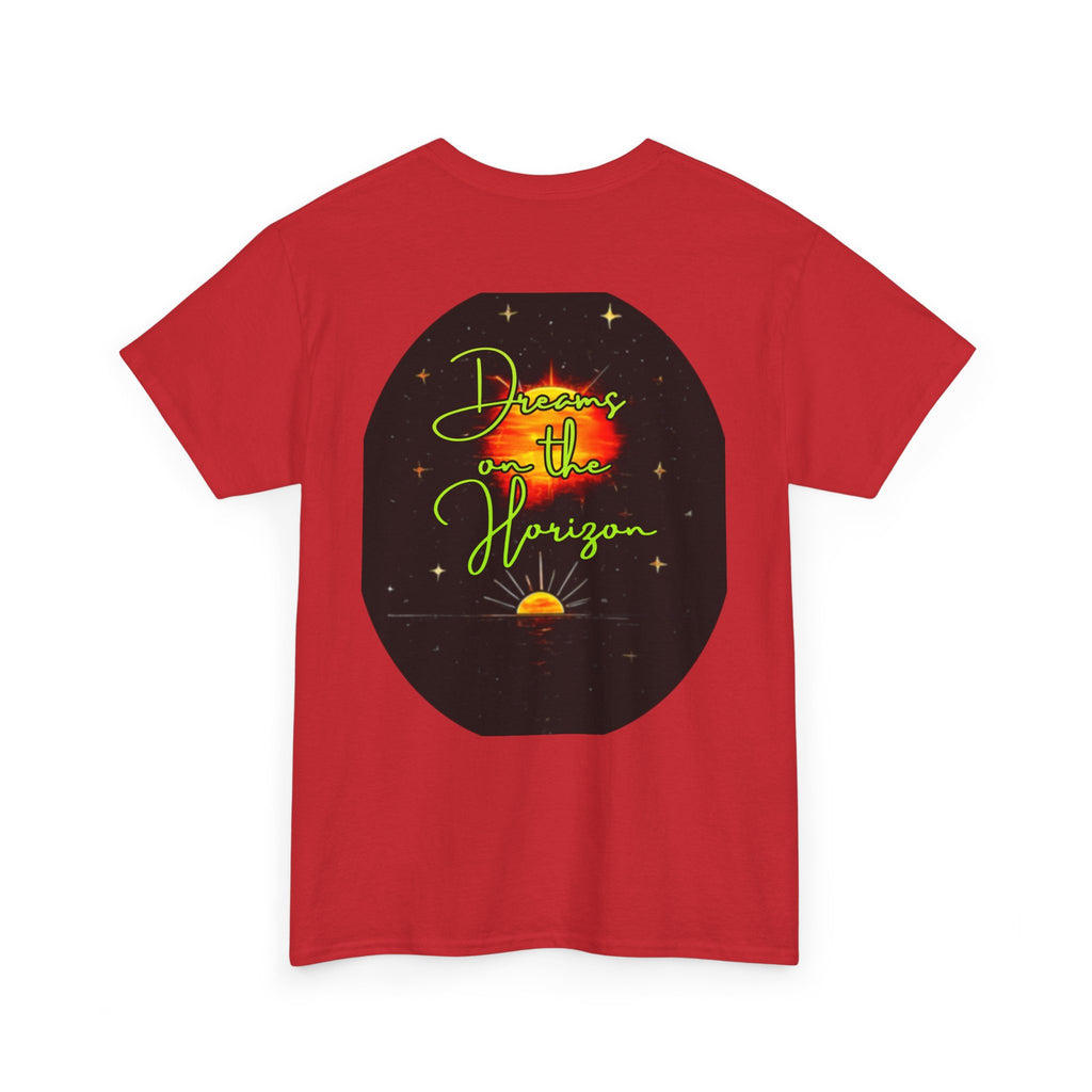 Dreams on the Horizon (Lemongrass) – Sunrise Back-Print Heavy Cotton Tee, Inspirational and Motivational Apparel, Gift for Dreamers, Creative Expression Wear