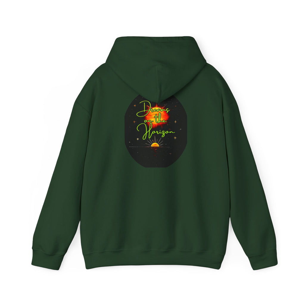 Dreams on the Horizon (Lemongrass) Sunrise Back Print Hooded Sweatshirt, Inspirational and Motivational Apparel, Gift for Dreamers, Creative Expression Wear