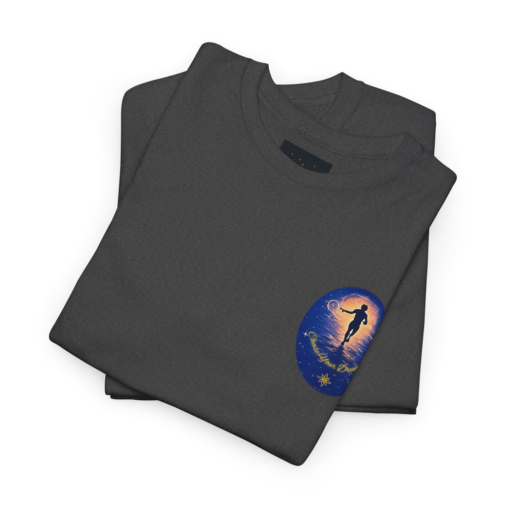 Chase Your Dreams – Sunrise Silhouette Back Printed Heavy Cotton Tee, Inspirational and Motivational Apparel, Gift for Dreamers, Creative Expression Wear