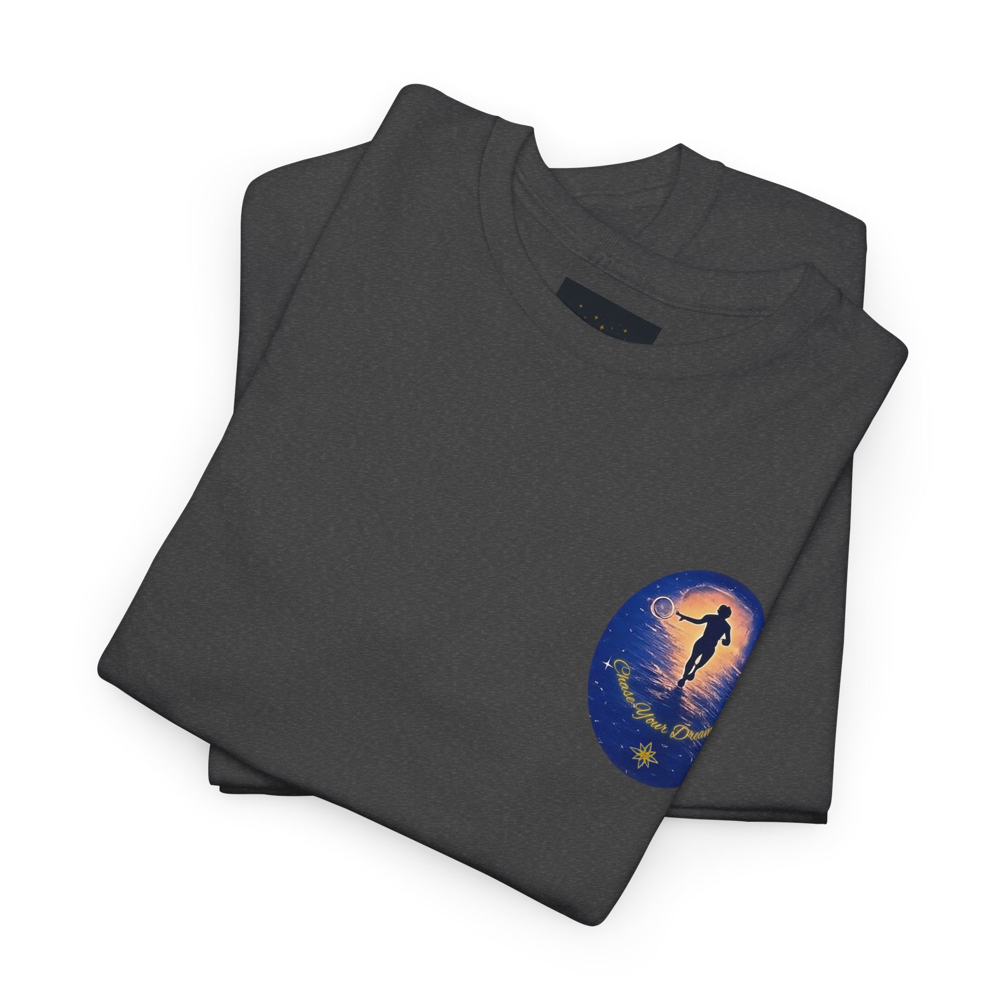 Chase Your Dreams – Sunrise Silhouette Back Printed Heavy Cotton Tee, Inspirational and Motivational Apparel, Gift for Dreamers, Creative Expression Wear