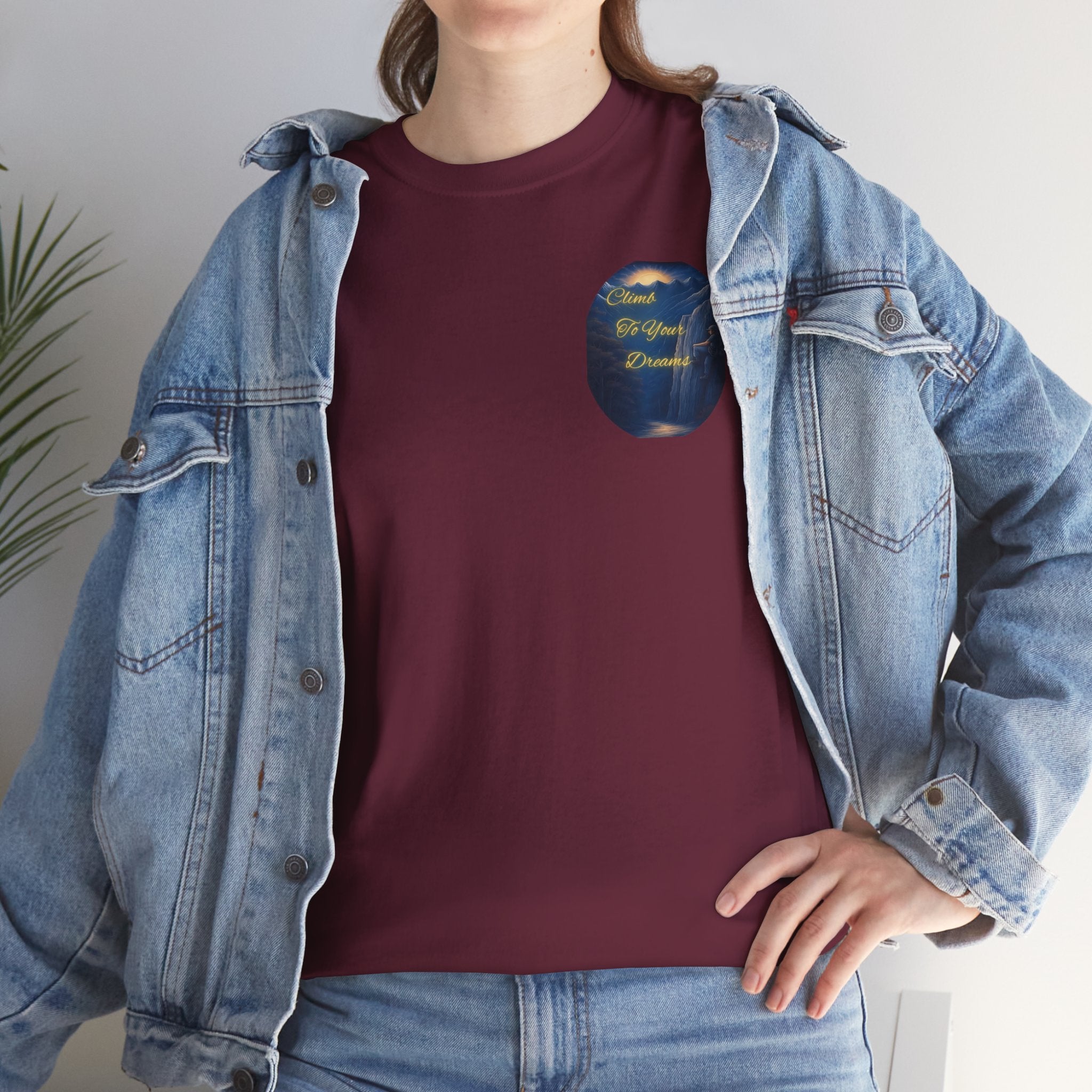 Climb To Your Dreams – Rock Climber Back-Print Tee + Front Badge | Gildan 5000, Inspirational and Motivational Apparel, Gift for Dreamers, Creative Expression Wear