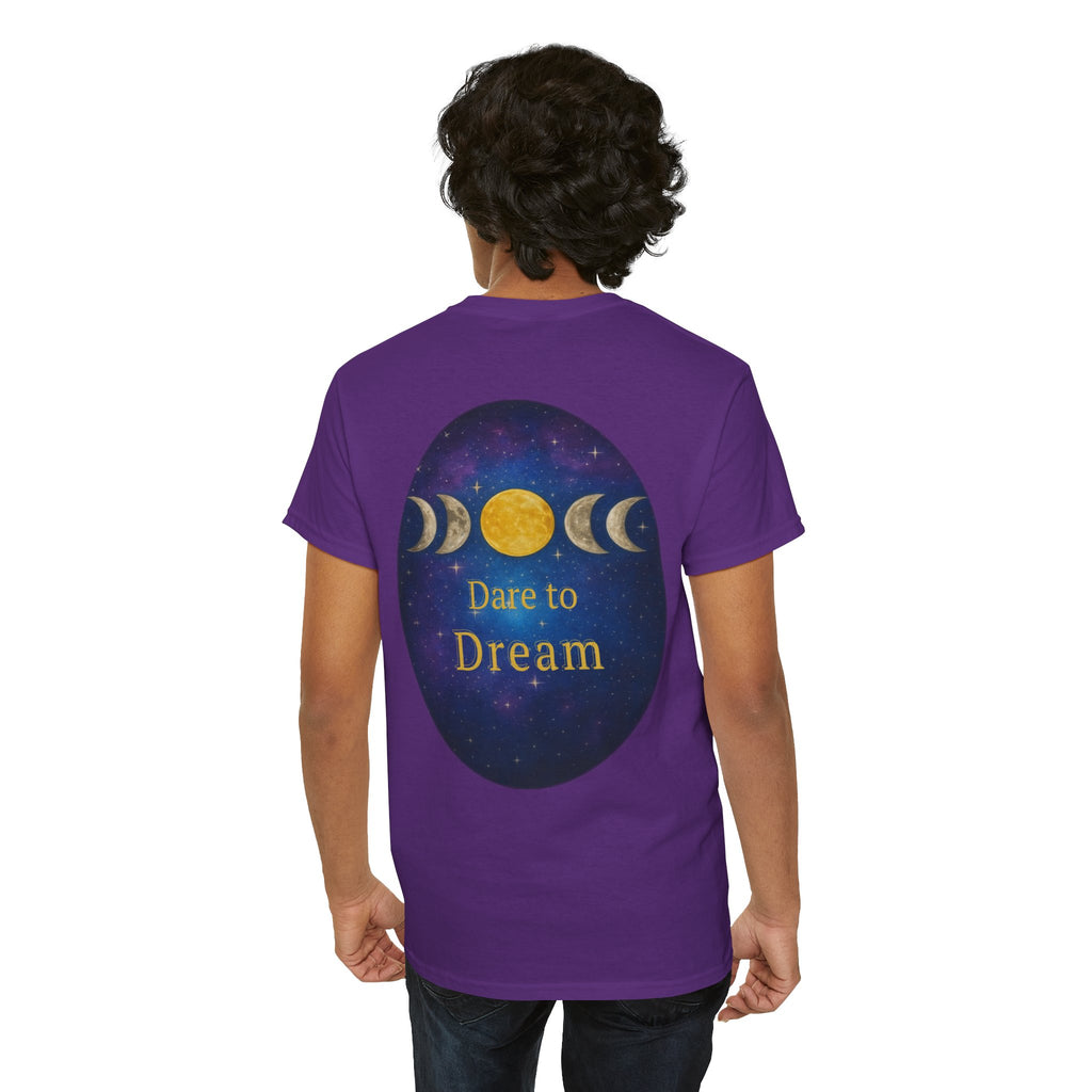 Dare to Dream Moon-Phase Tee – Golden Full Moon Back Print + Front Badge | Gildan 5000 Heavy Cotton, Inspirational and Motivational Apparel, Gift for Dreamers, Creative Expression Wear